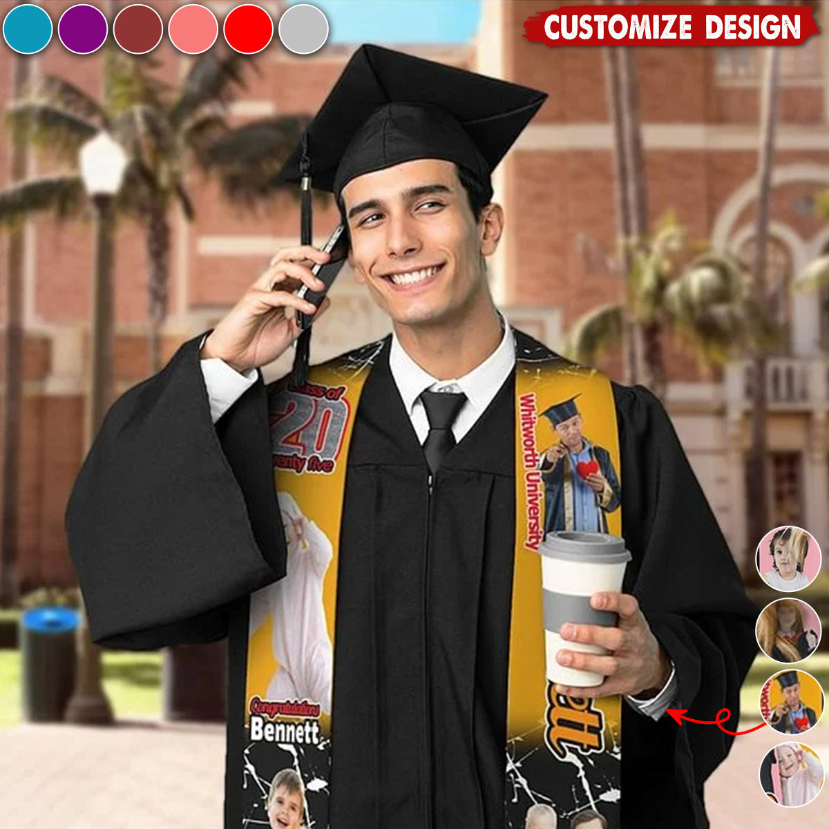 Personalized Multicolor Photo Graduation Stole with Text Class of 2025 Graduation Gift for Unisex Graduates