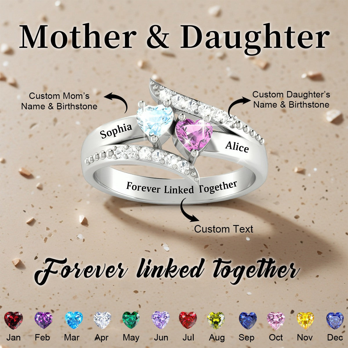 Forever Linked Together-Personalized Family Birthstones Ring-Gift For Mom/Daughter