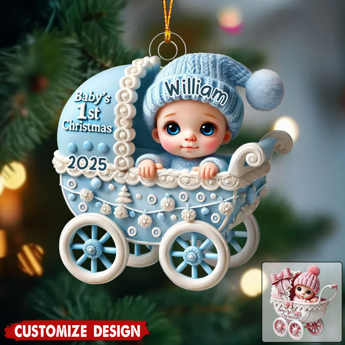 Newborn Baby In Carriage Christmas Personalized Acrylic Ornament
