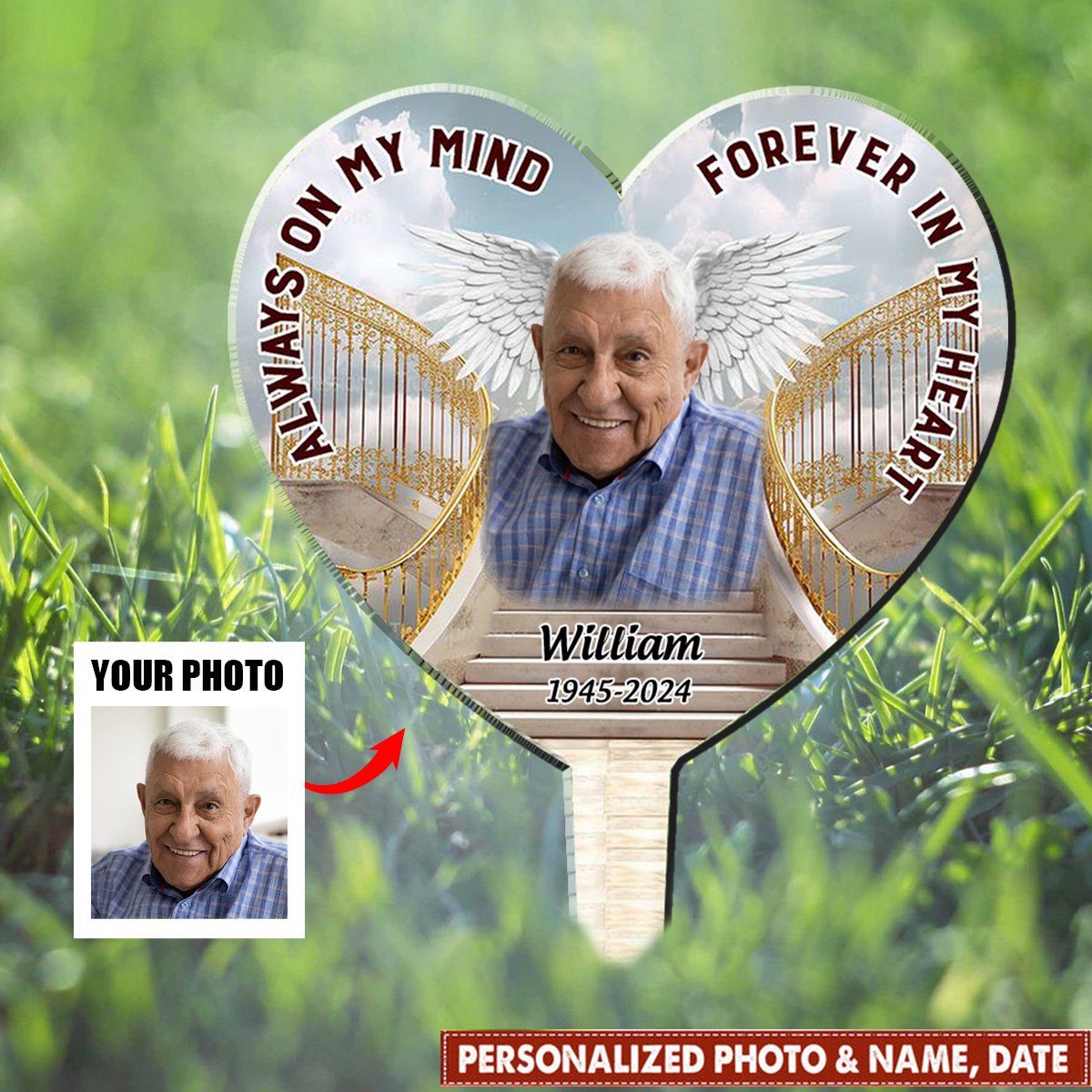 Memorial Upload Photo Heaven Golden Gate, Always On My Mind Forever In My Heart Personalized Acrylic Plaque Stake