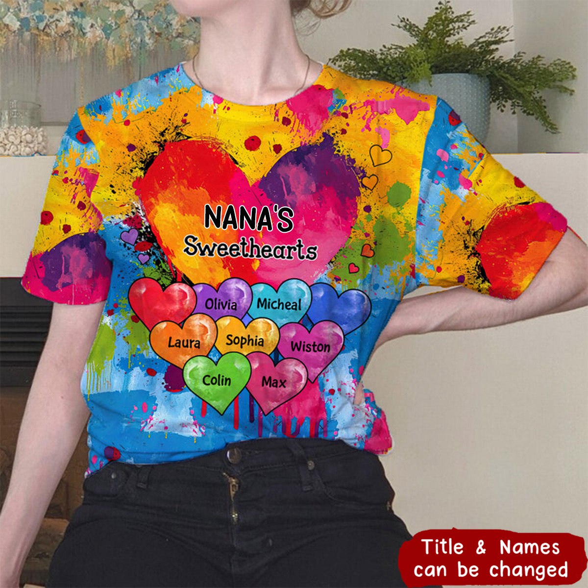 Vibrant Heart Paint Splatter Grandma Mom Kids Personalized 3D T-shirt