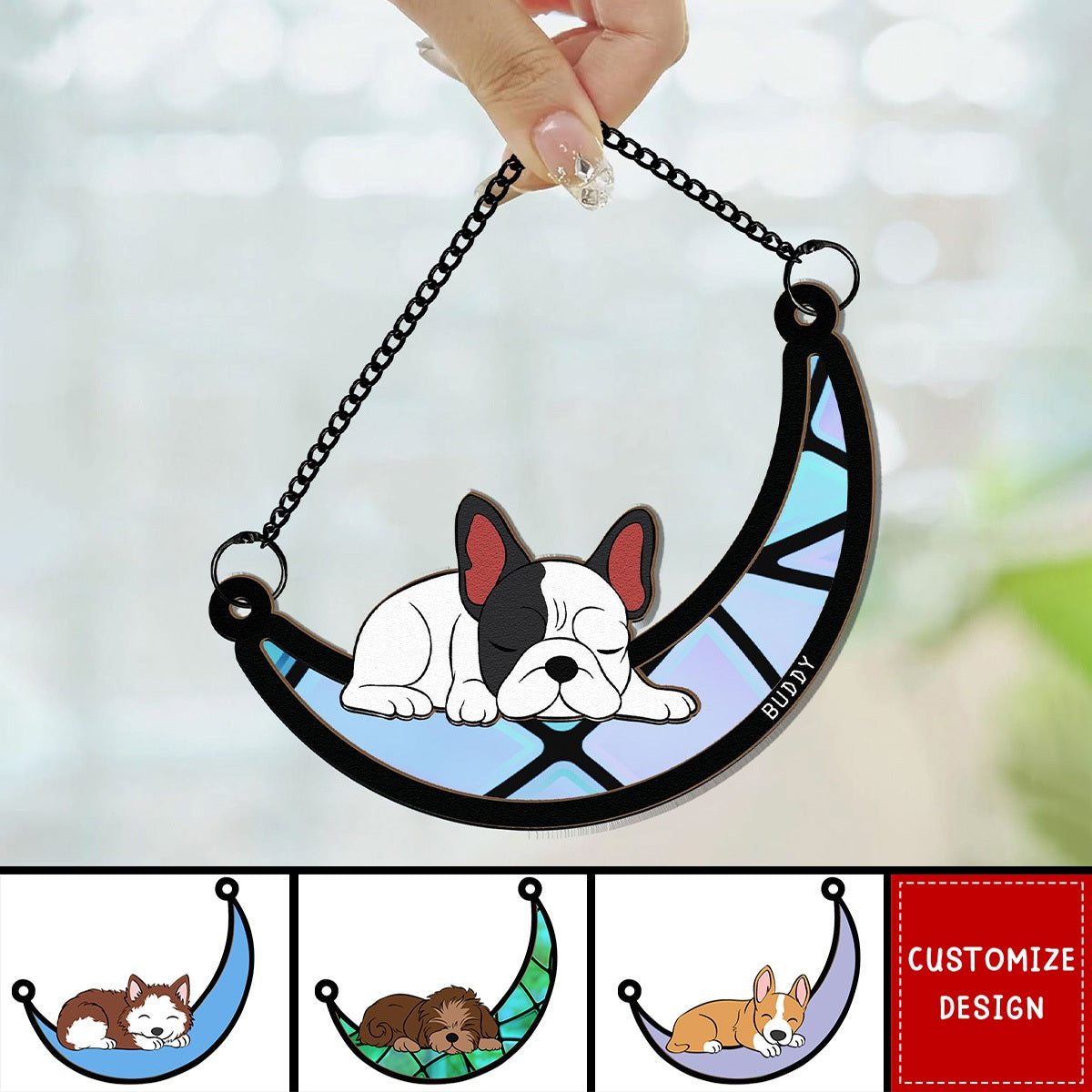 Sleeping Cat / Dog On Moon - Personalized Window Hanging Suncatcher Ornament