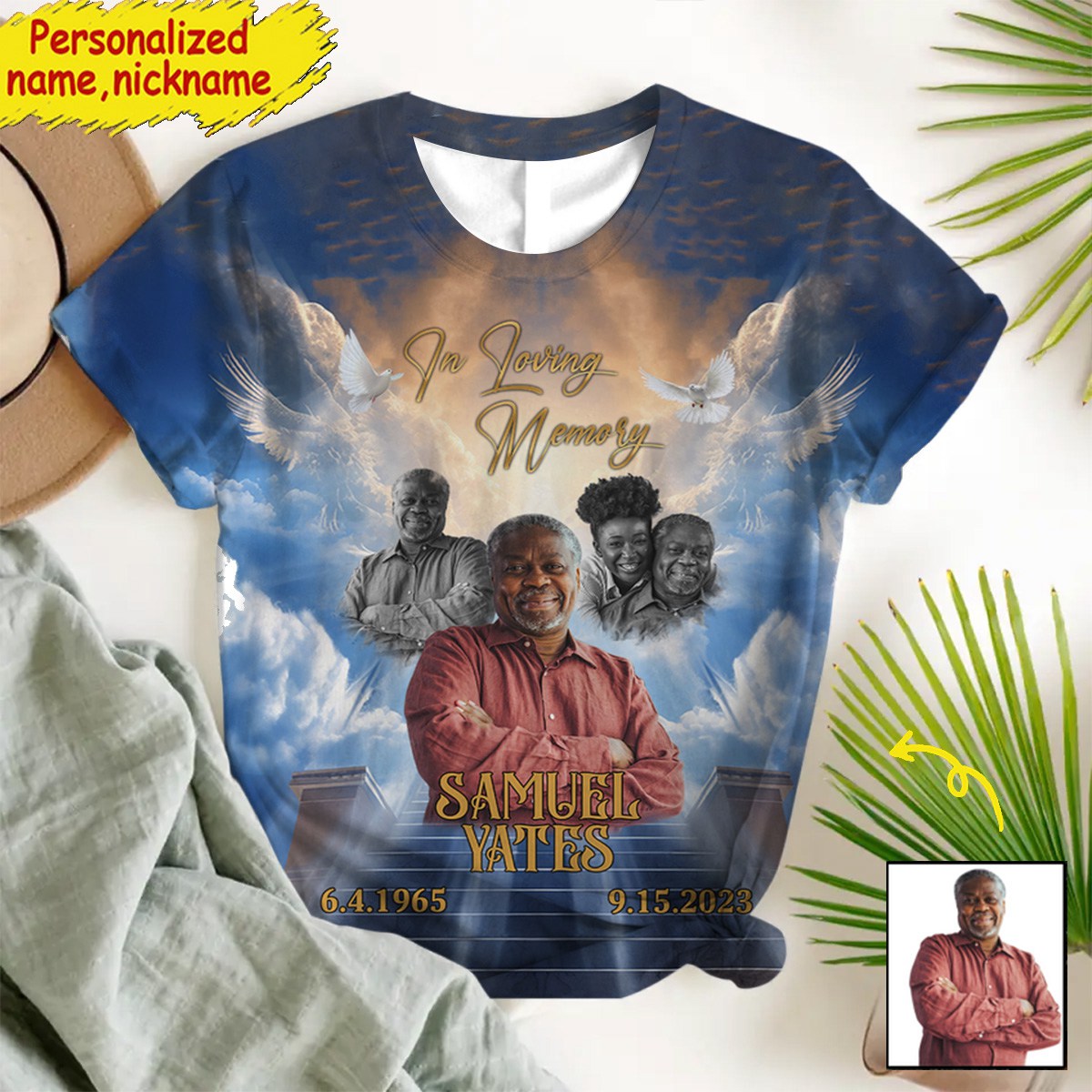Heaven Memorial Background Upload Photo Personalized 3D T-shirt