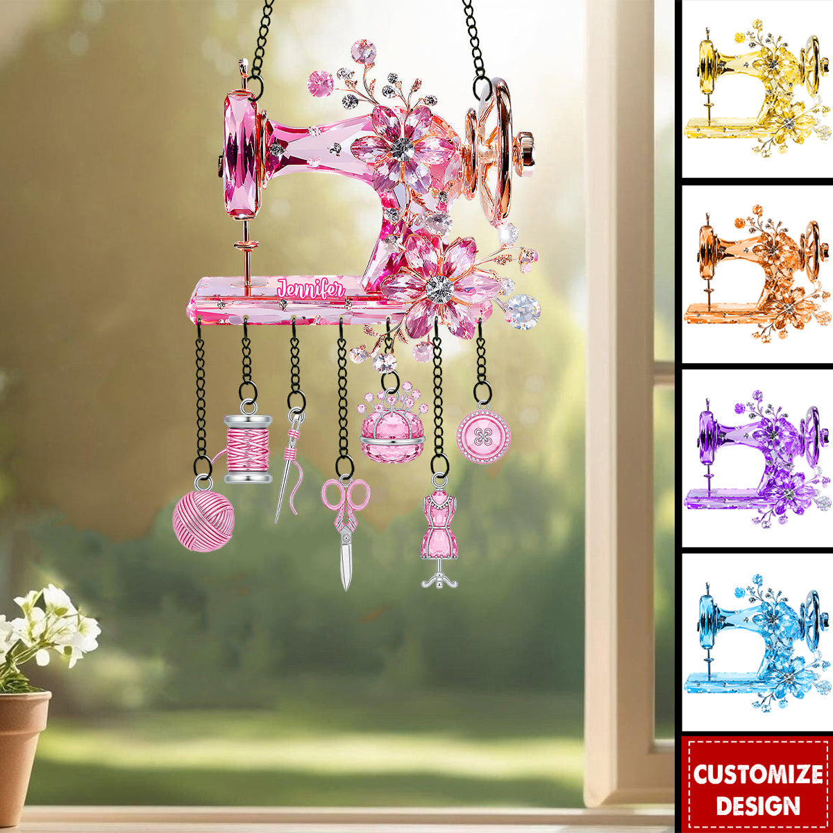 Beautiful Sewing Machine - Personalized Sewing Window Hanging Suncatcher With Charms