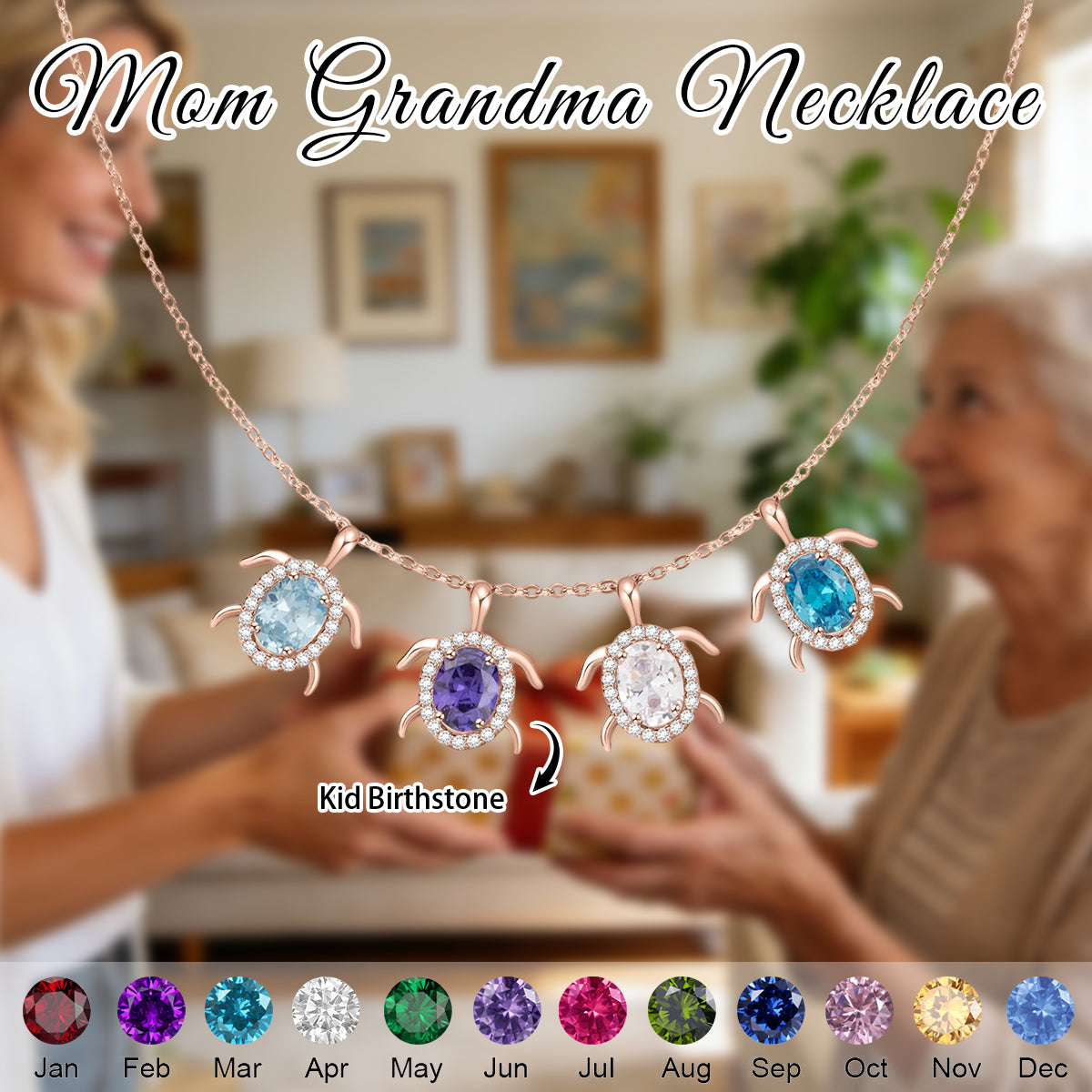 Personalized Sea Turtle Birthstones Necklace - Gift For Mom,Grandma