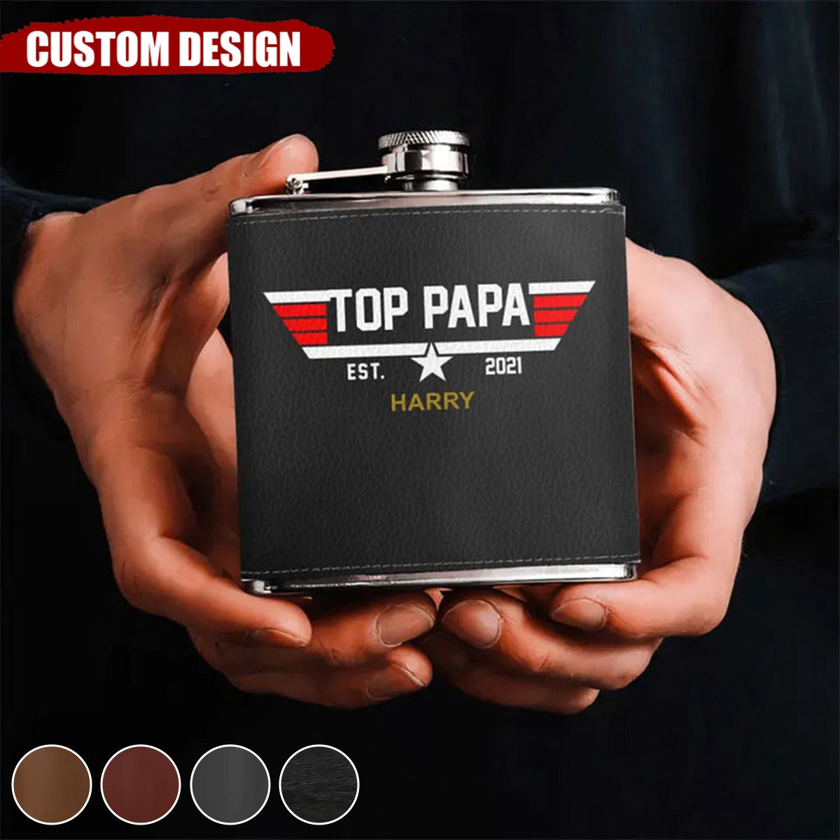 Personalized Papa Leather Flask - Upto 12 Children - Gift Idea for Dad/Grandpa