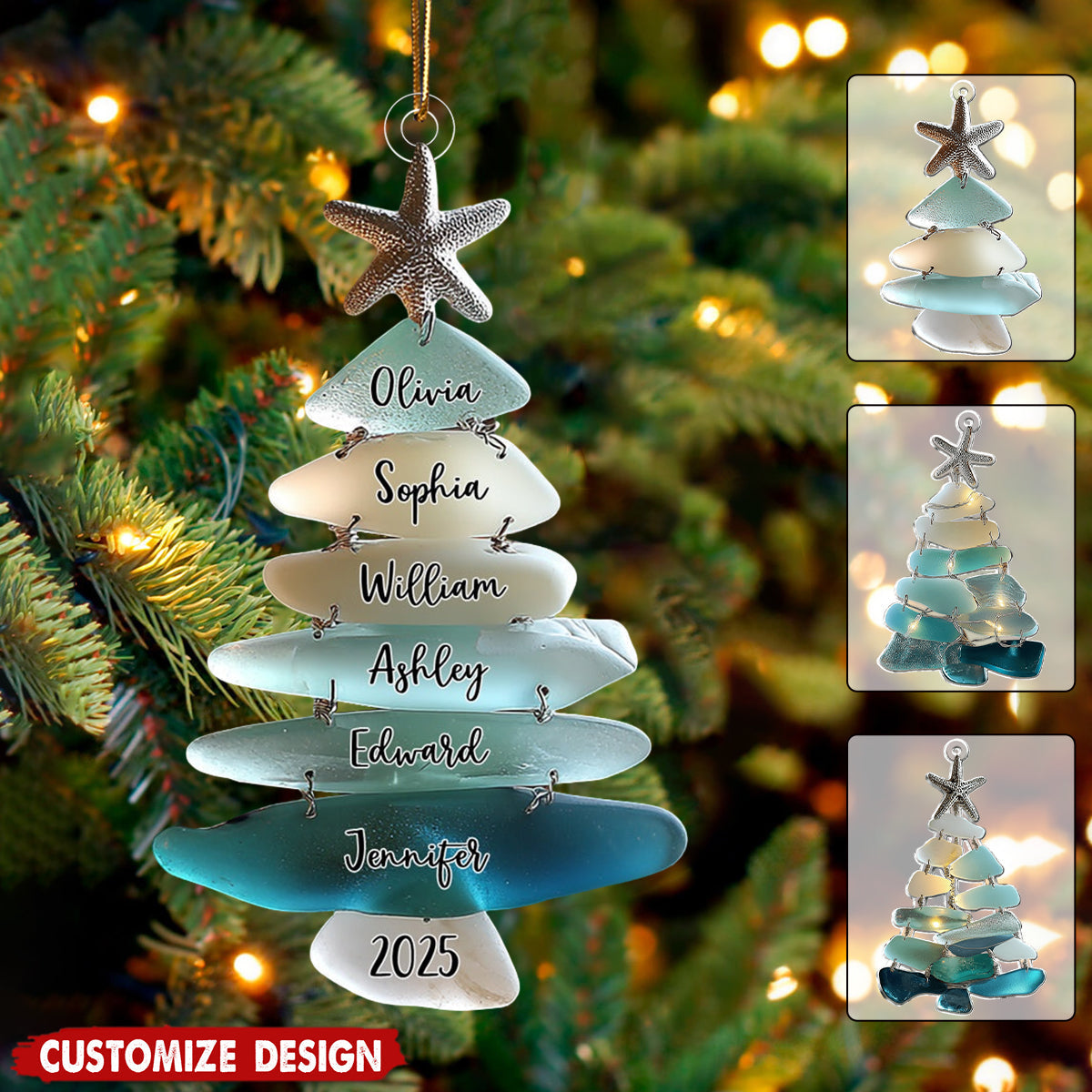 Family Name Sea Glass Christmas Tree - Personalized Family Ornament