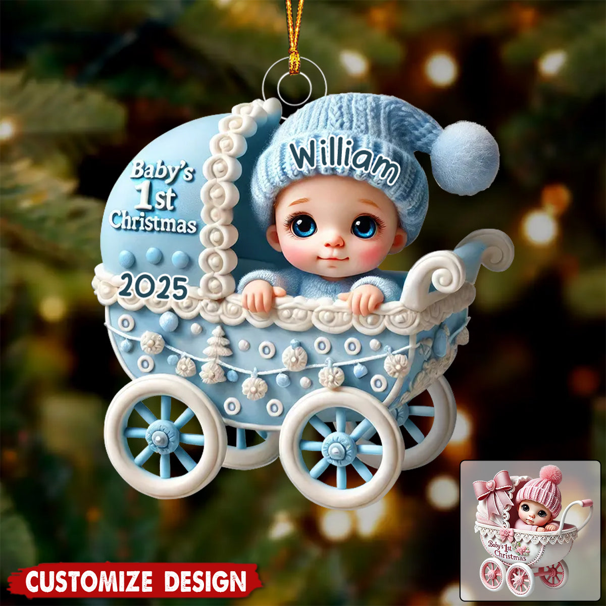 Newborn Baby In Carriage Christmas Personalized Acrylic Ornament