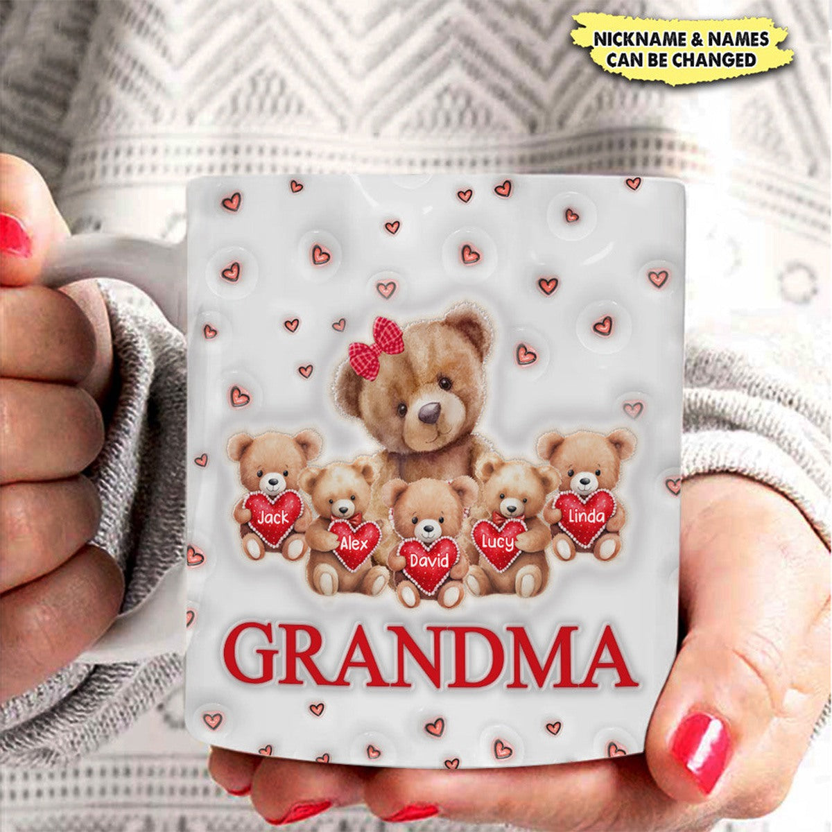 Bear Hug Heart Grandma 3D Inflated Effect-Personalized Mug-Gift For Grandma And Mom