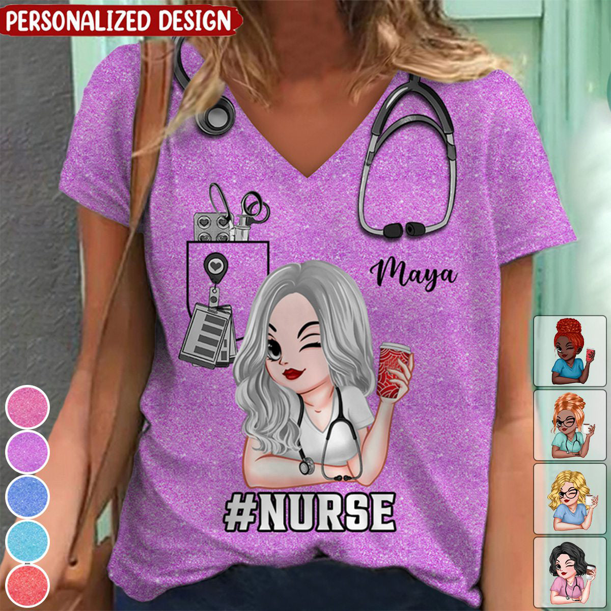 Pretty Doll Nurse Scrub Healthcare Worker-Personalized V-neck 3D T-shirt