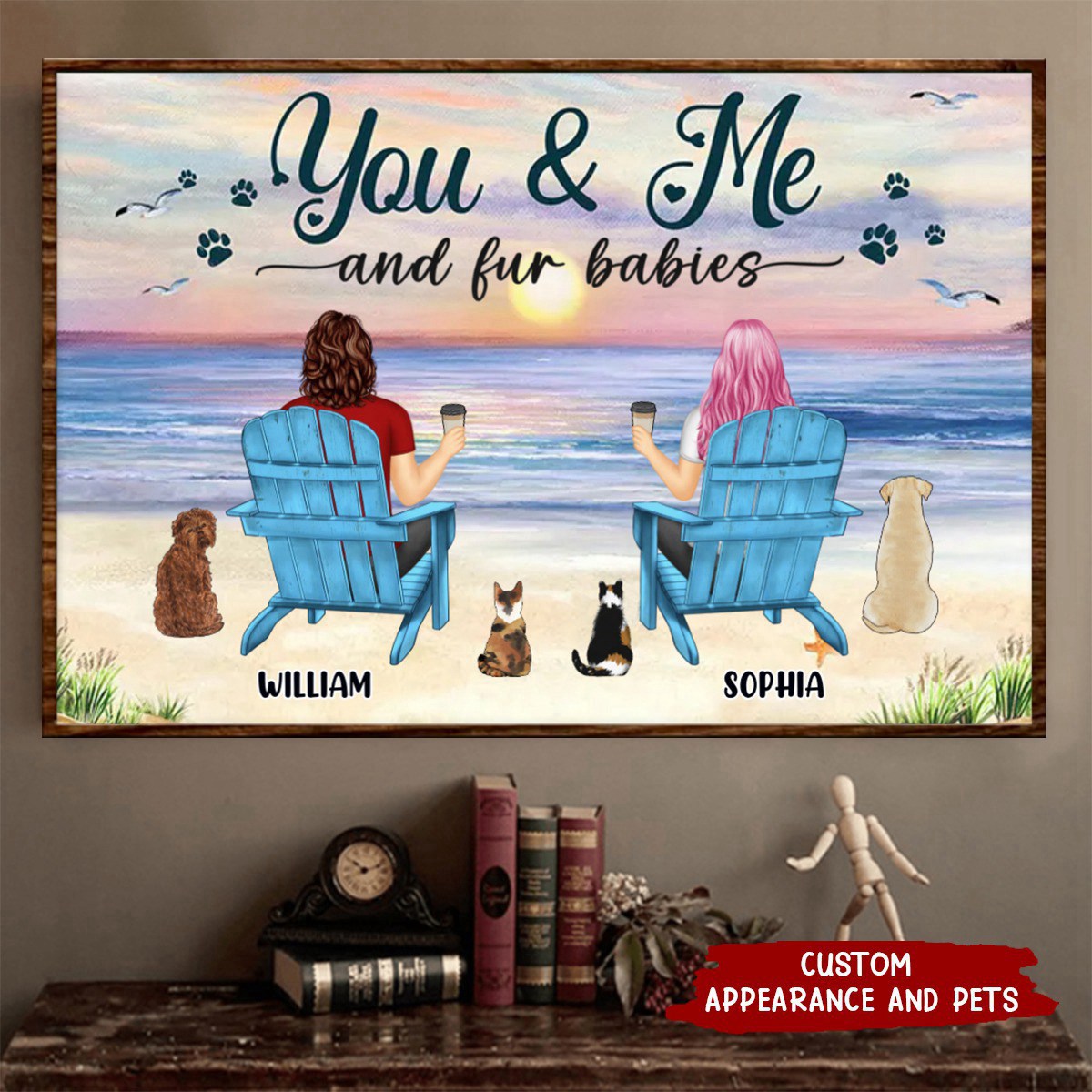 You And Me And The Pets Peace Beach View - Personalized Couple Poster