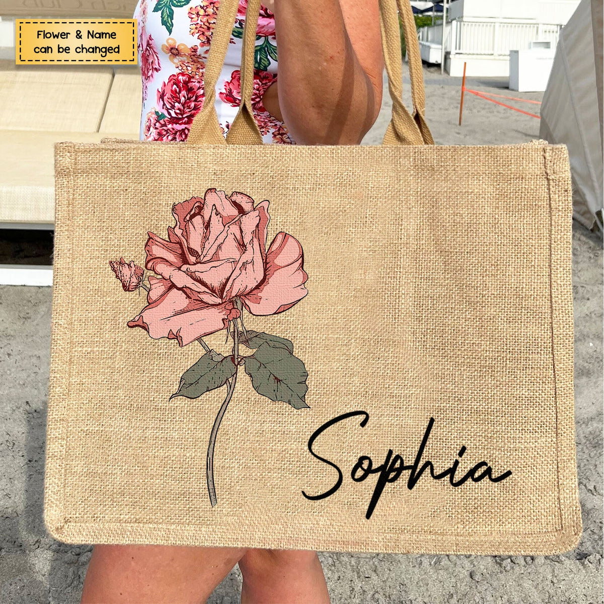 Personalized Birth Flower Jute Tote Bag