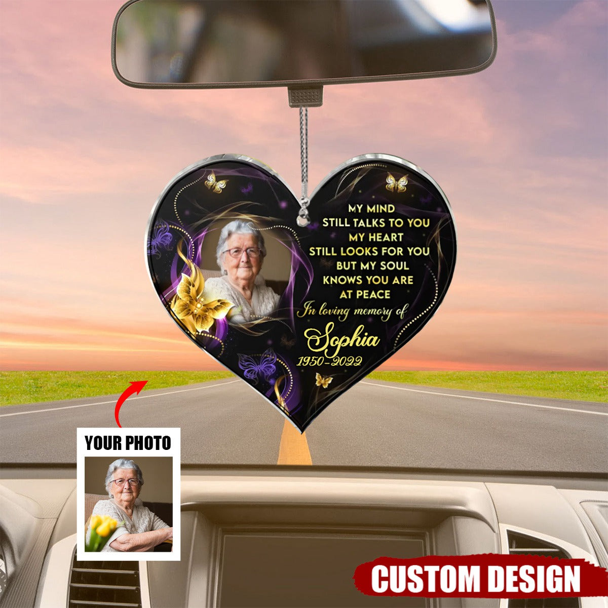 My Mind Still Talks To You - Personalized Photo Memorial Heart Acrylic Car Ornament - Gift For Family Member
