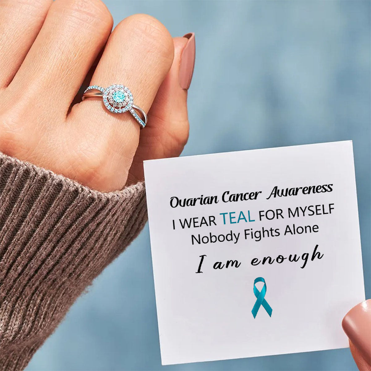 Ovarian Cancer Awareness-Teal Round Diamond Infinity Ring