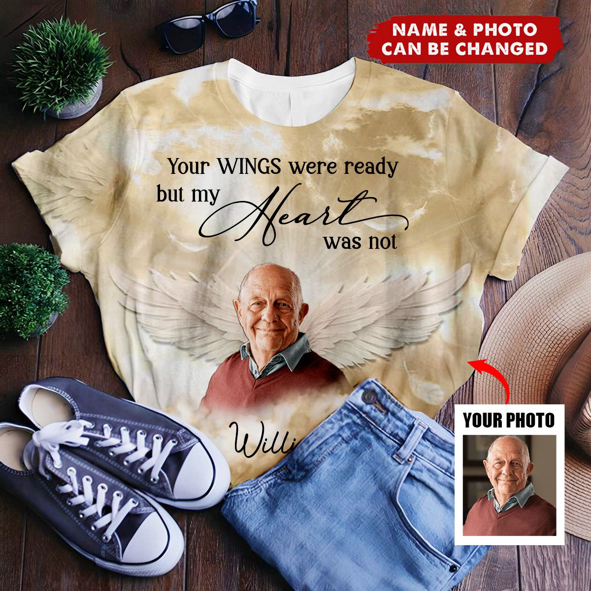 Sparkling Memorial Upload Photo Angel Wings, A Big Piece Of My Heart Lives In Heaven Personalized 3D T-shirt