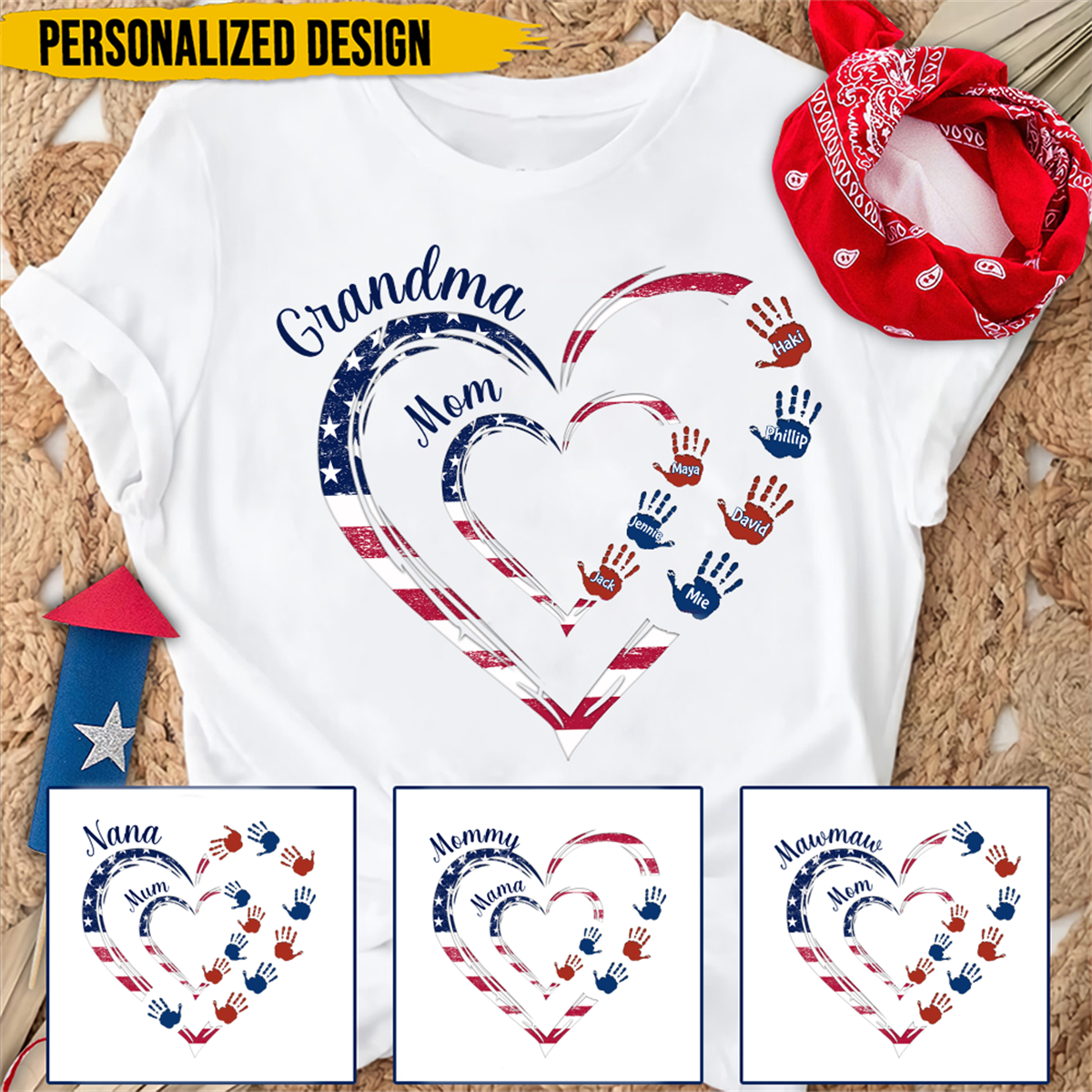 4th Of July Grandma Mom Heart Handprint Kids Personalized Shirt