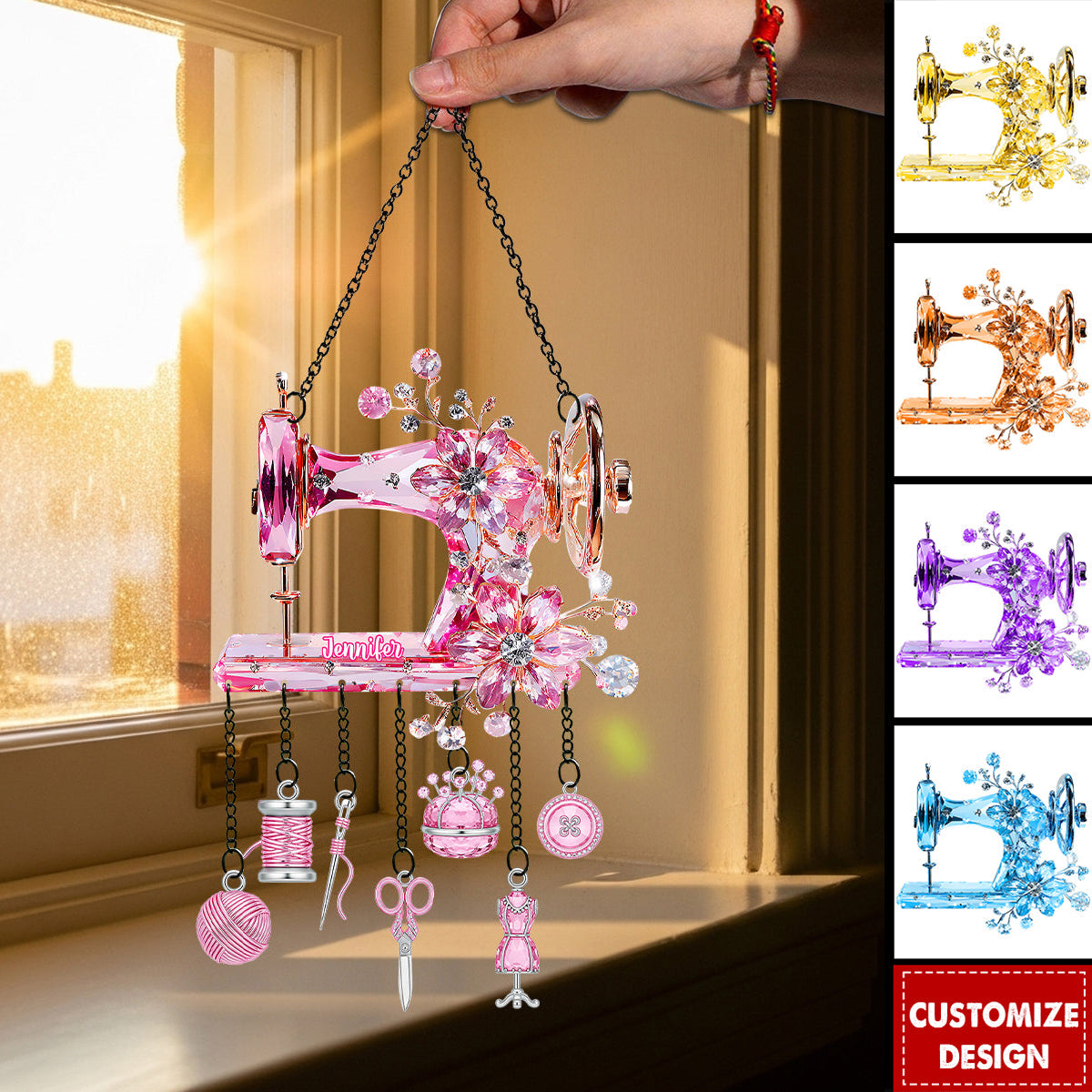 Beautiful Sewing Machine - Personalized Sewing Window Hanging Suncatcher With Charms