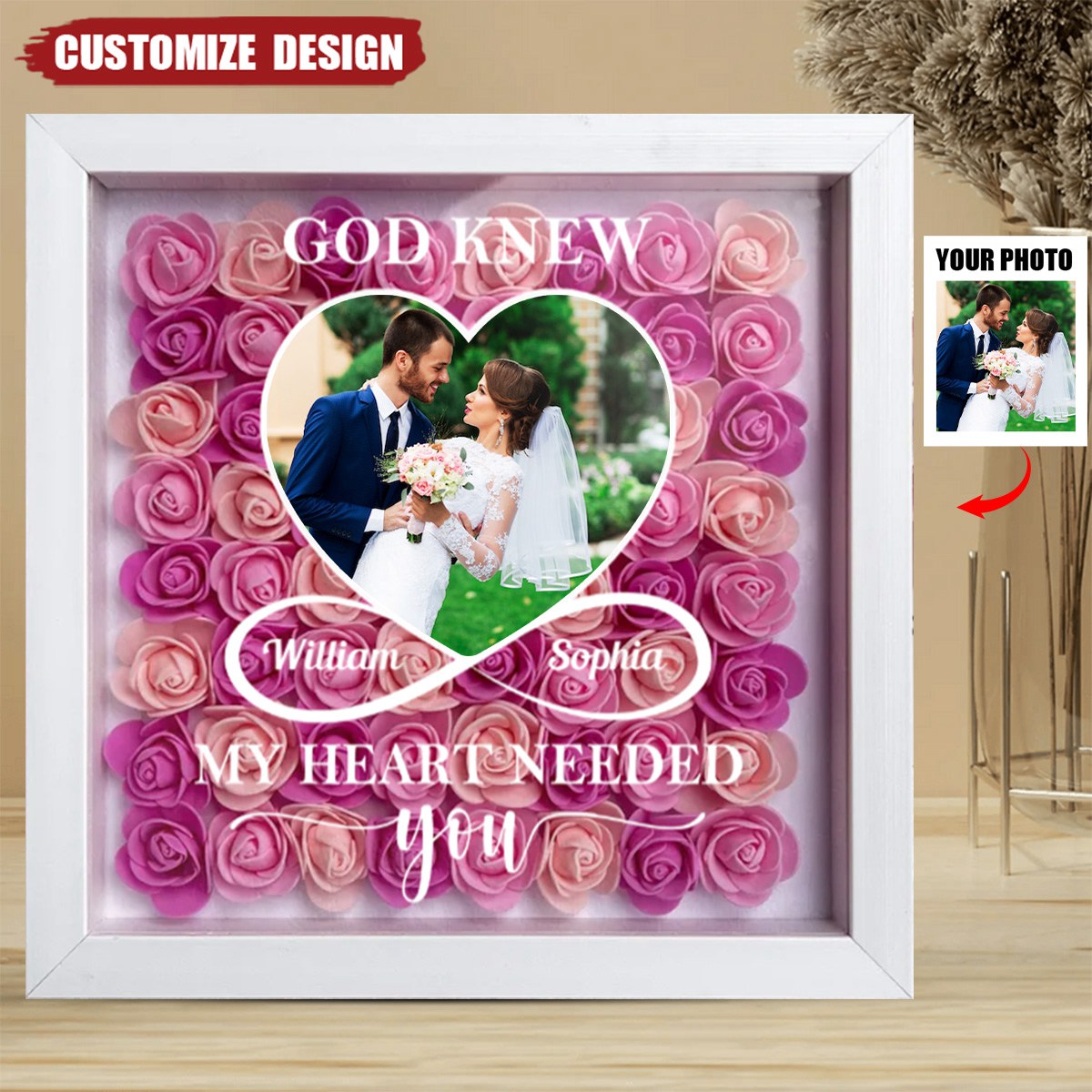 God Knew My Heart Needed You - Personalized Photo Flower Shadow Box