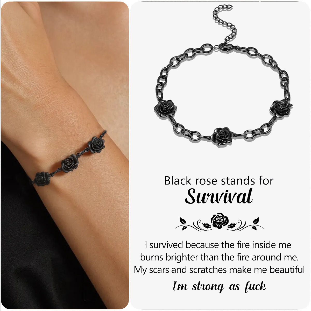 Black rose stands for survival Open Bracelet
