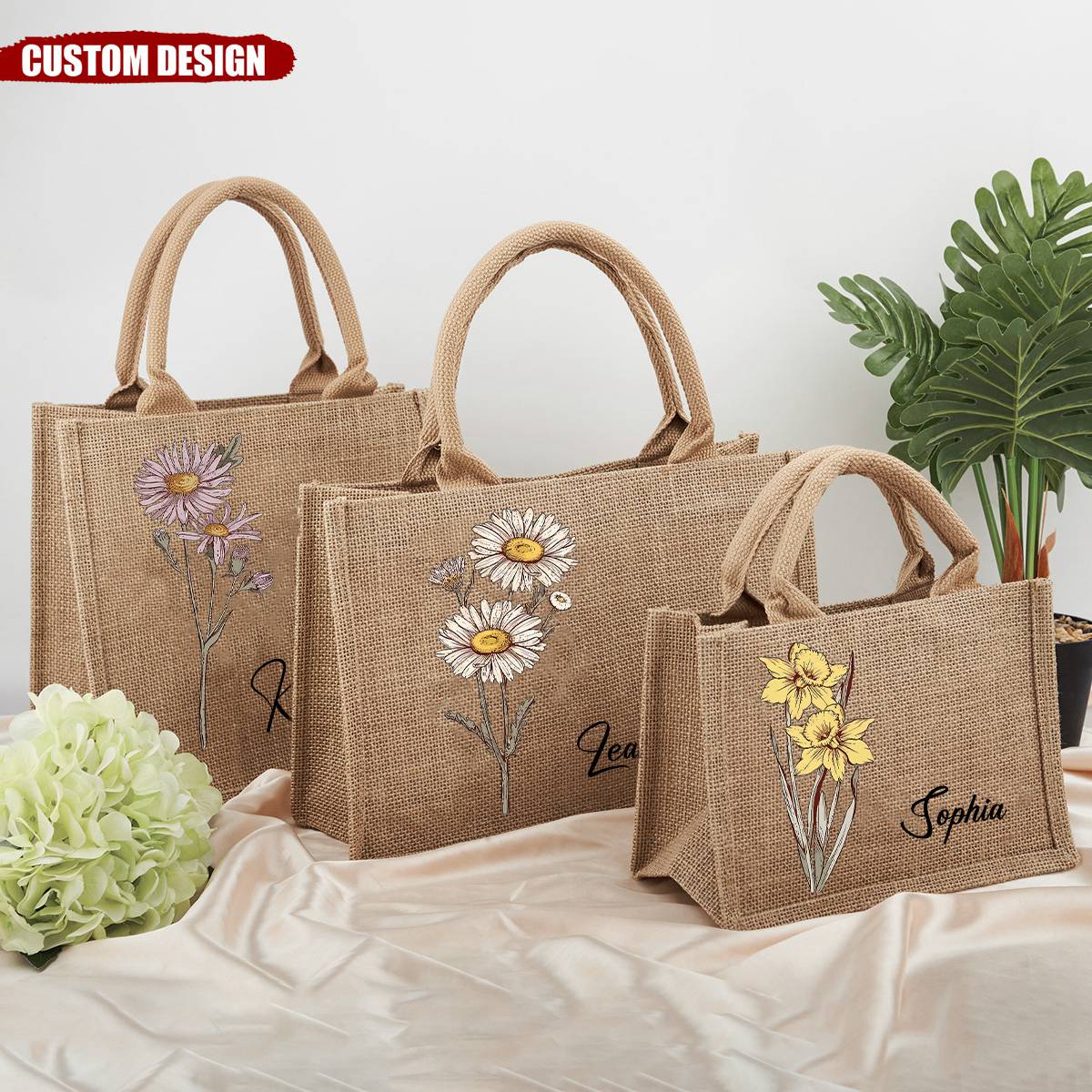 Personalized Birth Flower Jute Tote Bag