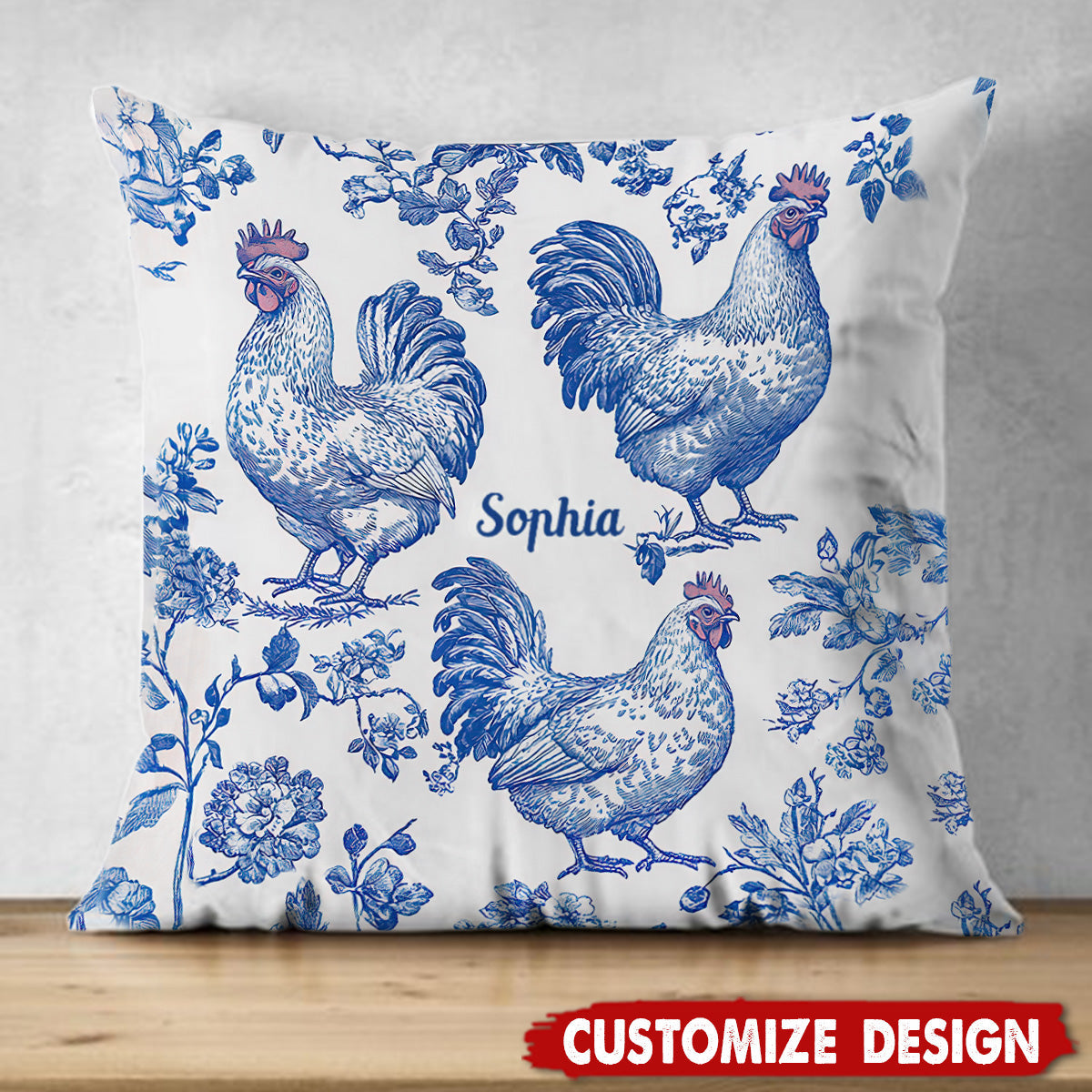 Chicken Toile de Jouy - Personalized Chicken Art Pillow