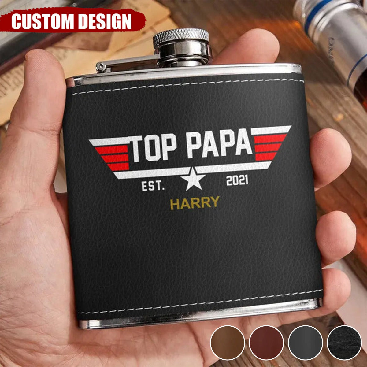 Personalized Papa Leather Flask - Upto 12 Children - Gift Idea for Dad/Grandpa