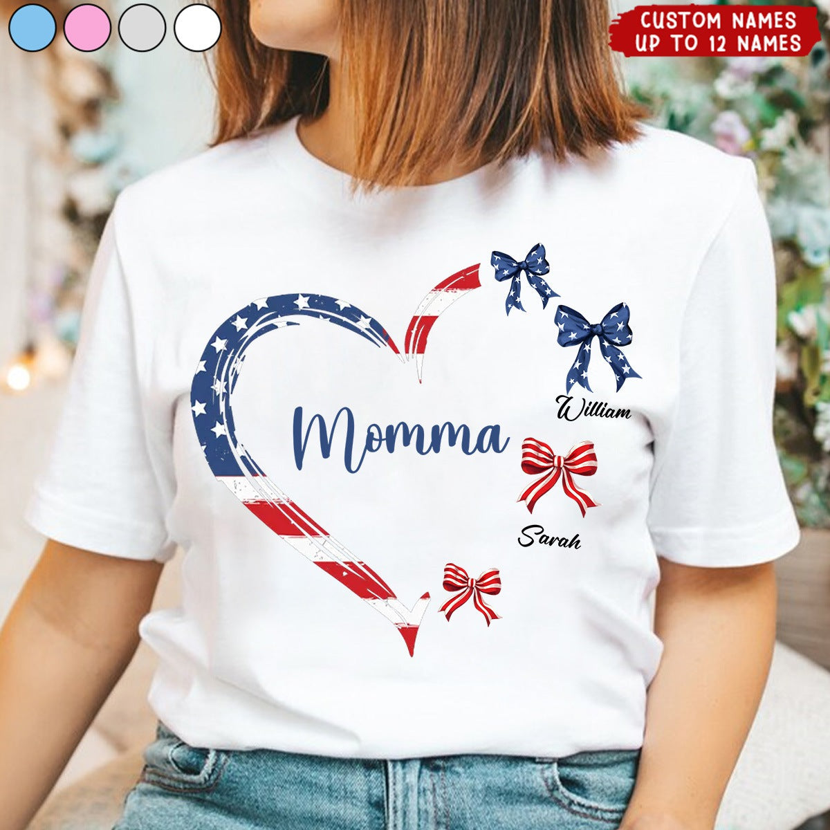 Proud American Grandma Mom Heart Bow Personalized Shirt