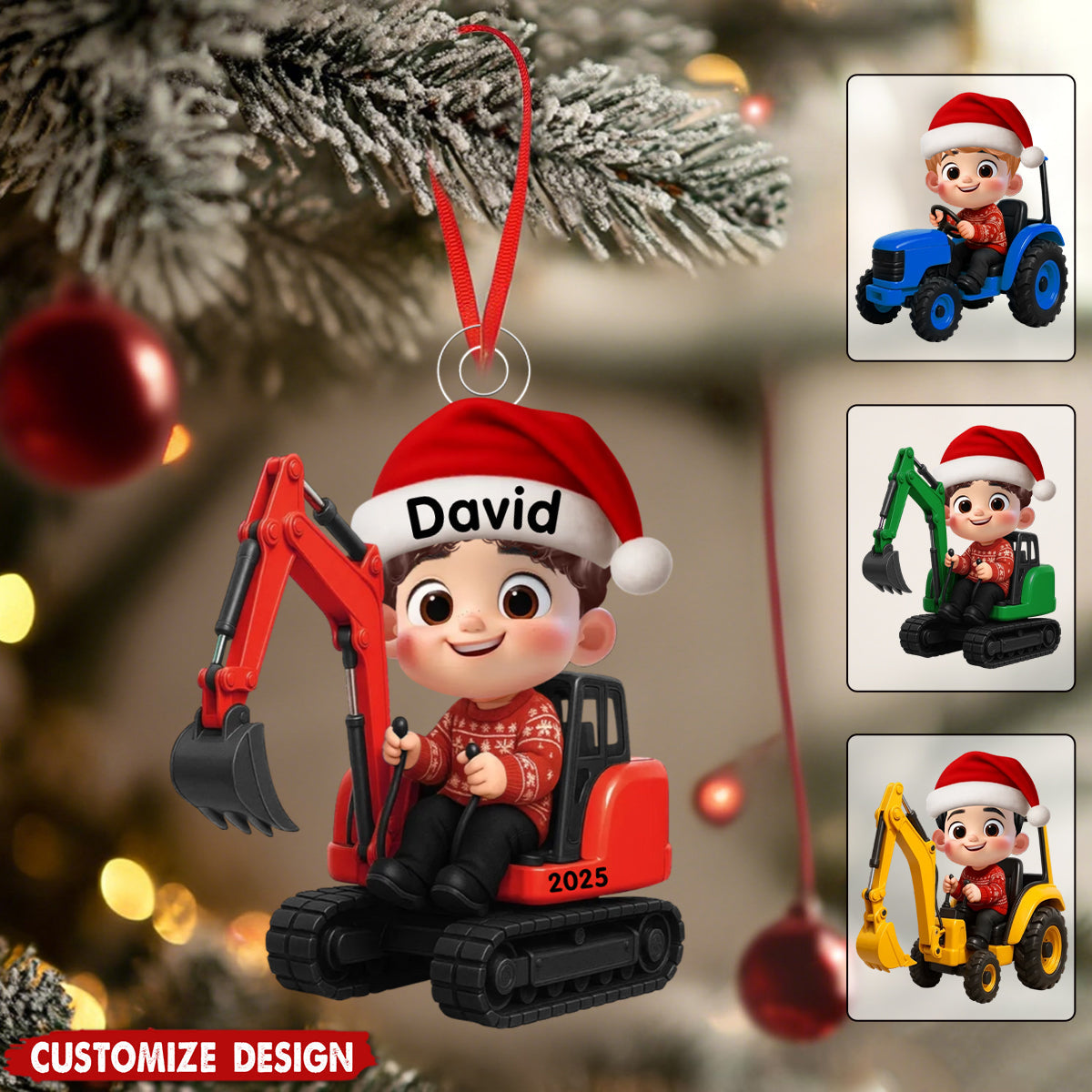 Little Boy Kid With Construction Vehicle Excavator Backhoe Tractor - Christmas Personalized Acrylic Ornament