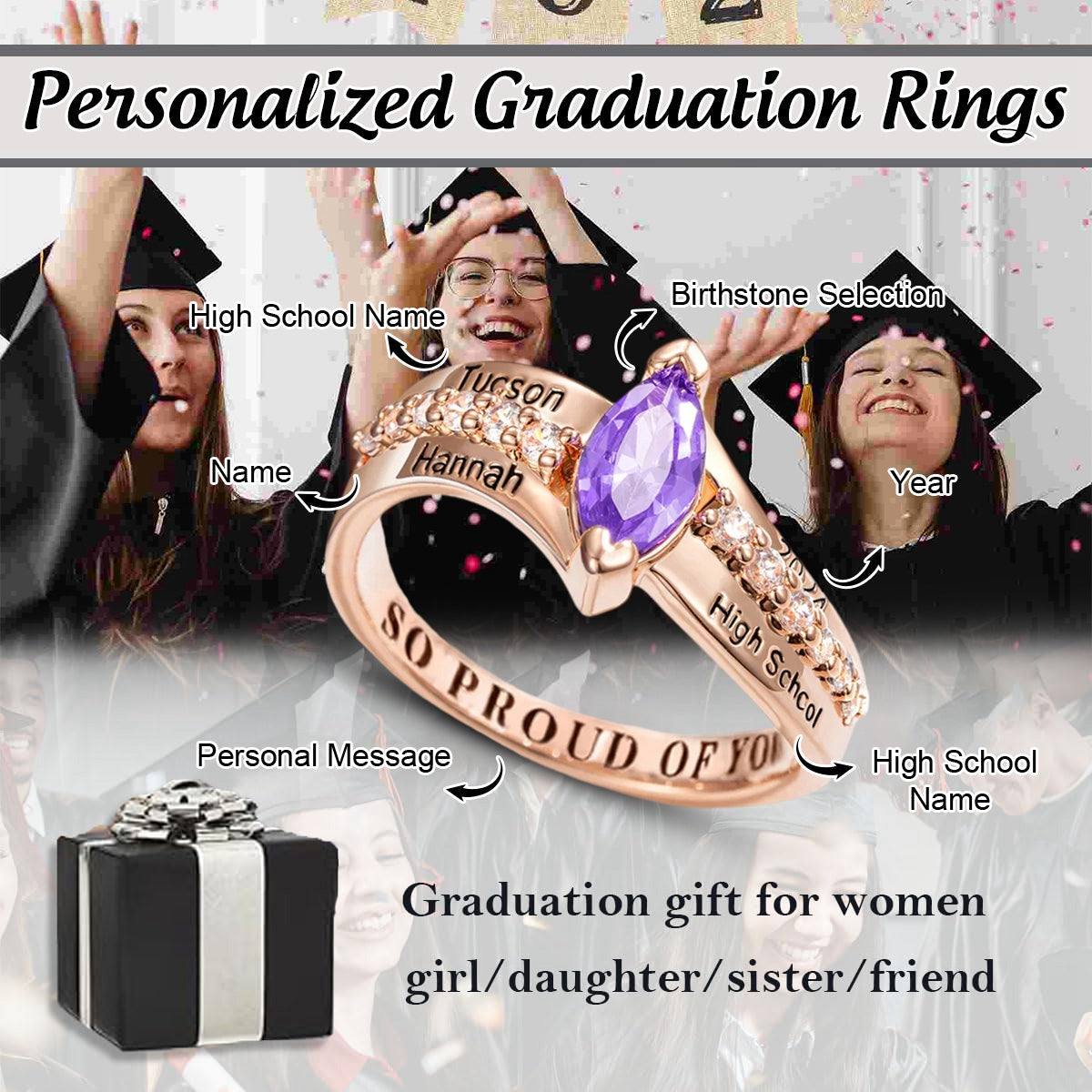 Graduation Memory Rings Personalized Graduation Rings with Birthstone And University/School Na ...