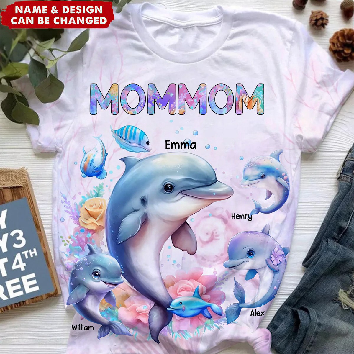Personalized Grandma or Mom Watercolor Dolphin & Kid Names 3D T-shirt Printed