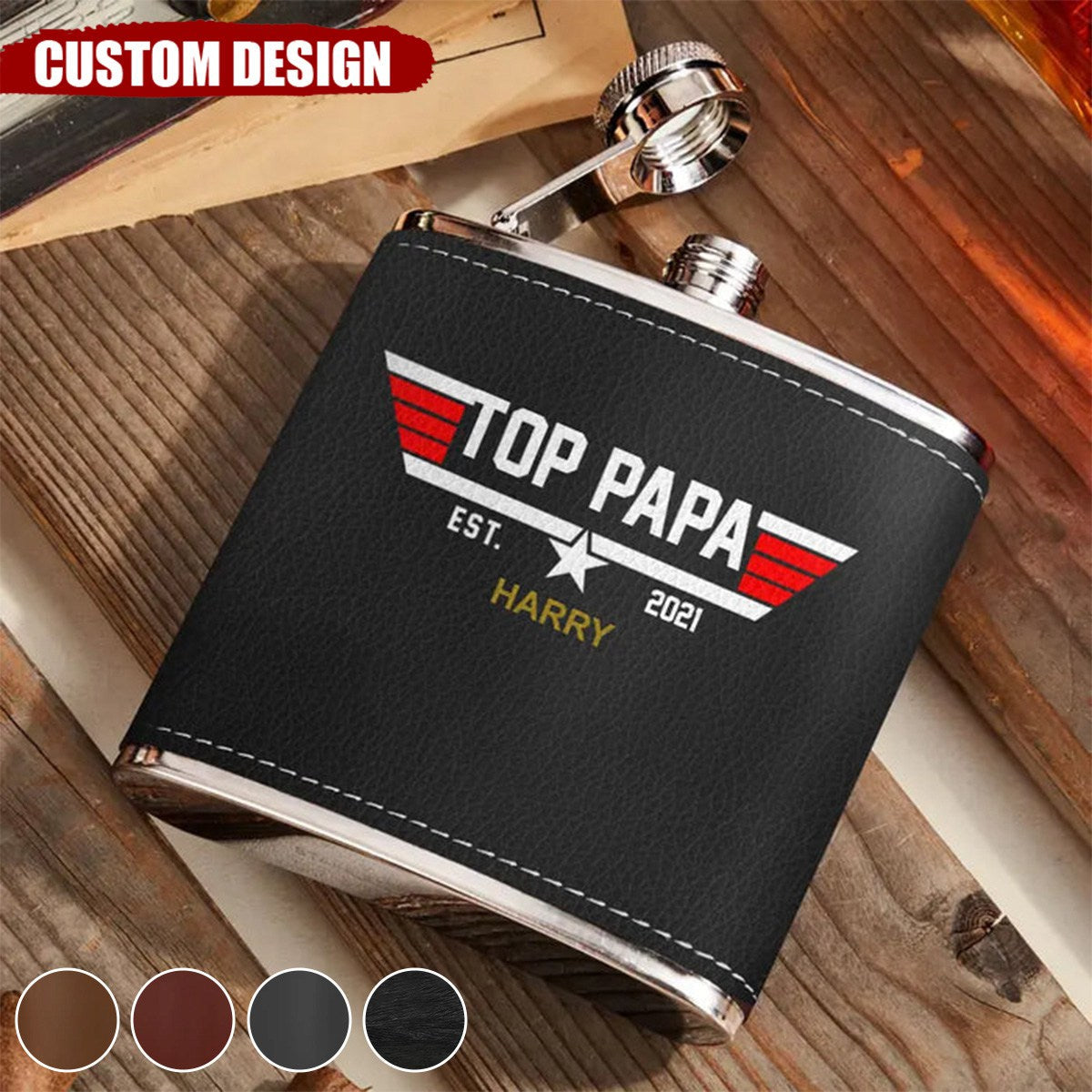 Personalized Papa Leather Flask - Upto 12 Children - Gift Idea for Dad/Grandpa