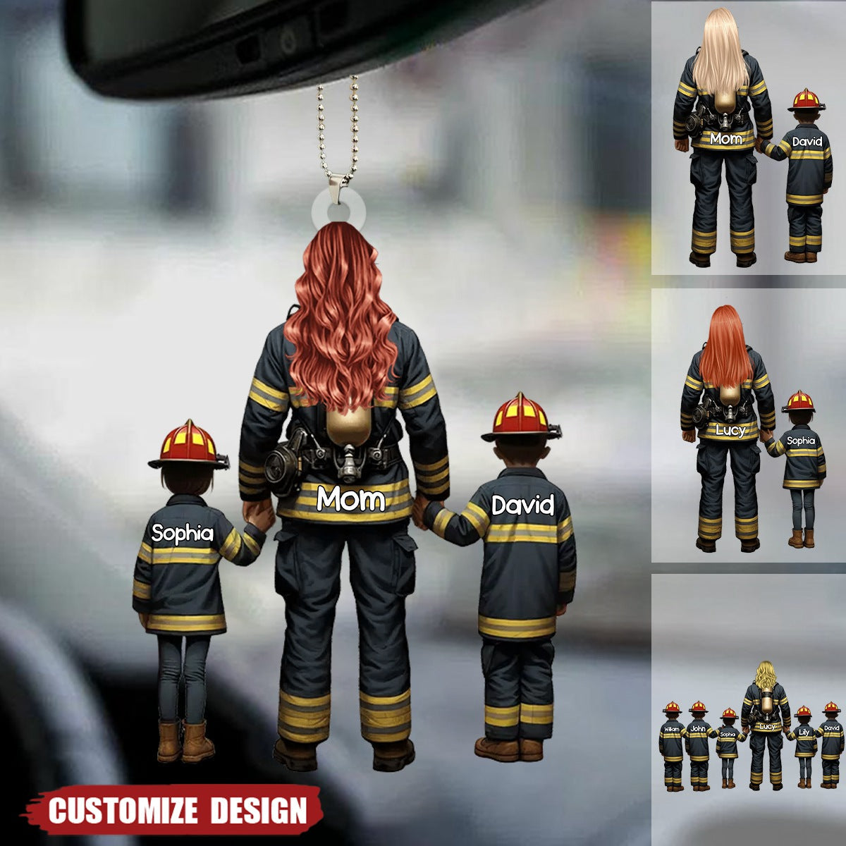 Firefighter Mom And Kids - Personalized Acrylic Car Ornament