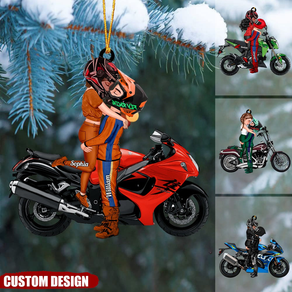 Personalized Ornament - Motorcycle Kissing Doll Couple