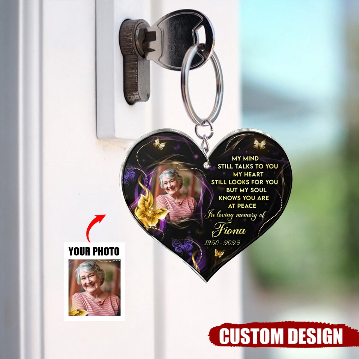 My Mind Still Talks To You - Personalized Photo Memorial Heart Acrylic Keychain - Gift For Family Member