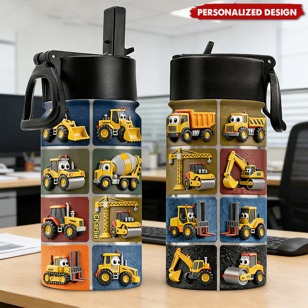 Construction Machines - Personalized Kid Kids Water Bottle