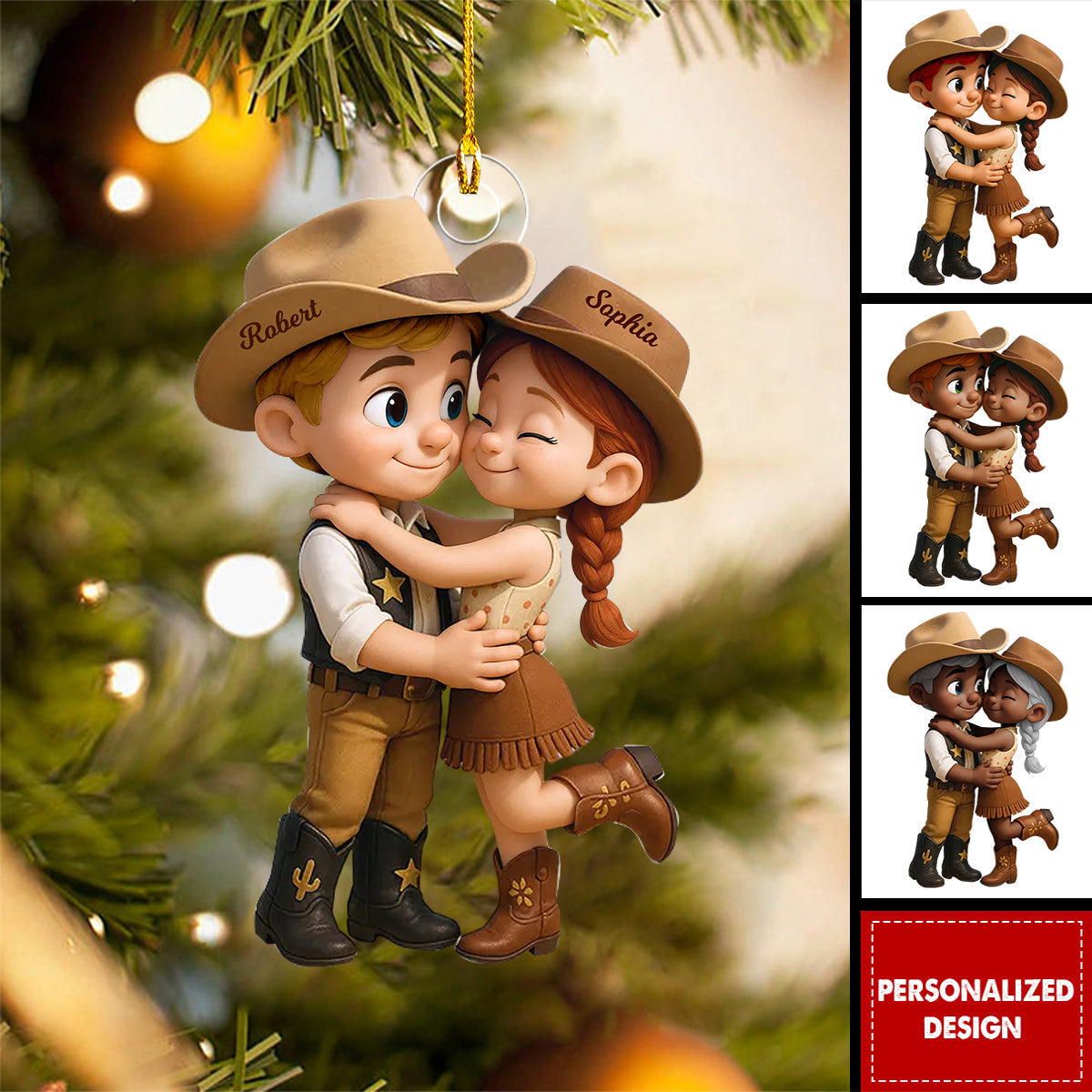 Cartoon Style Countryside Couple Cowboy Cowgirl Personalized Christmas Ornament