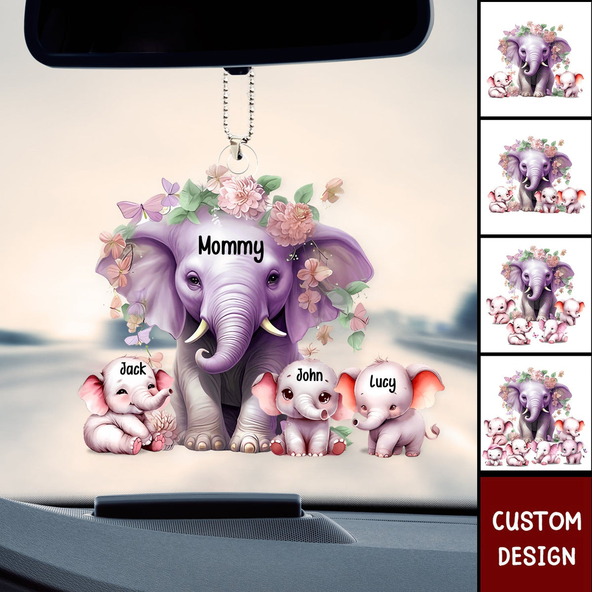 Mama Purple Elephant With Little Kids - Personalized Acrylic Ornament - Gift For Mom, Grandma