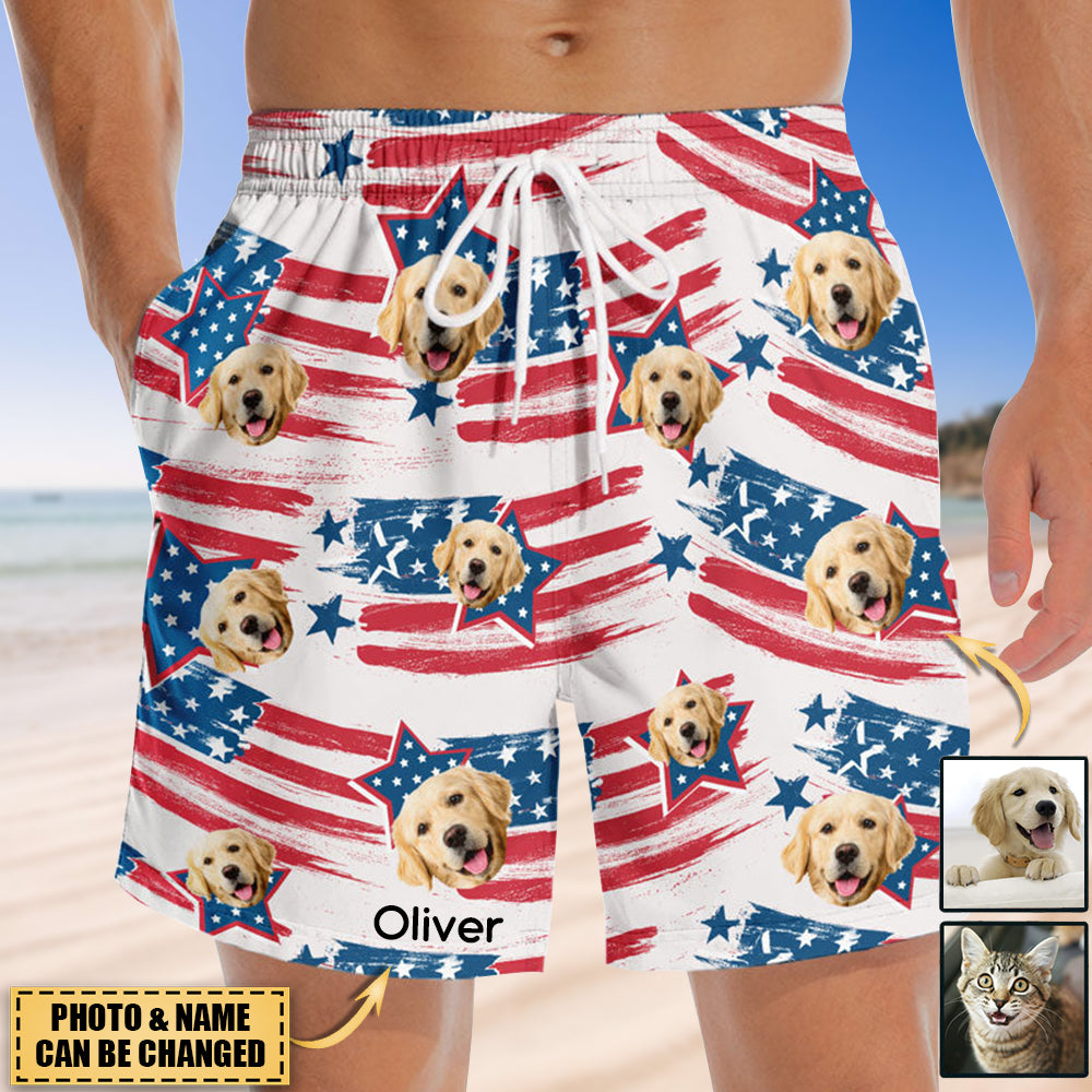 Custom Photo Stars, Stripes - Personalized Patriotic Men Beach Shorts