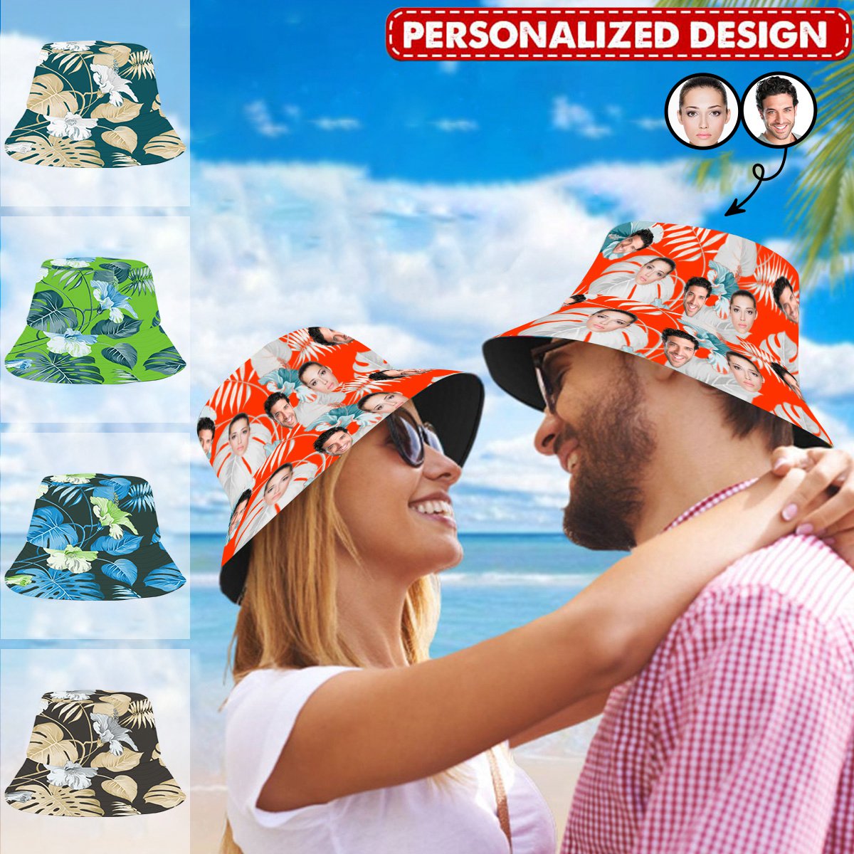 Beach Vacation Seaside Unisex Outdoor Summer Hat-Personalized Face Photo Hawaiian Bucket Hat