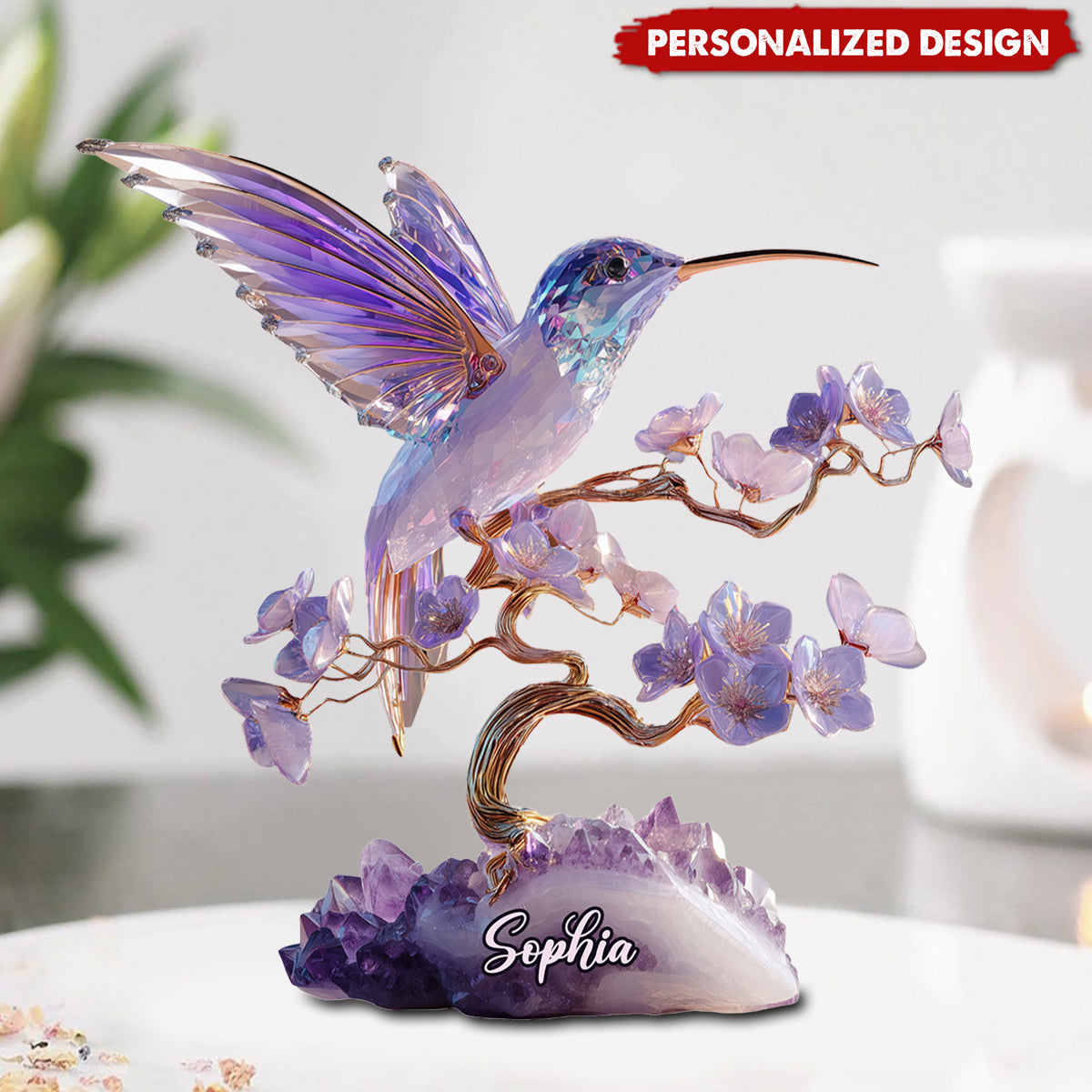 Stunning Amethyst Styled Hummingbird-Personalized Hummingbird Acrylic Plaque