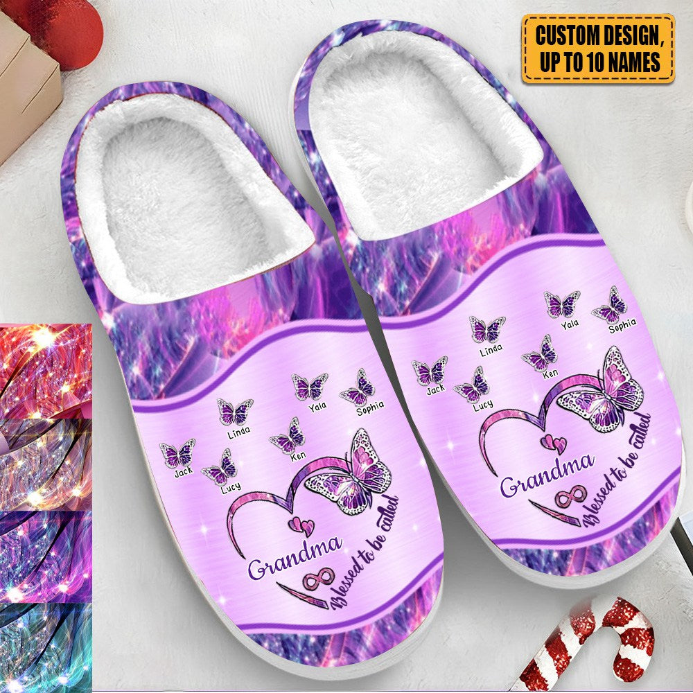 Sparkling Grandma- Mom Heart Butterfly Kids Personalized Fluffy Slippers