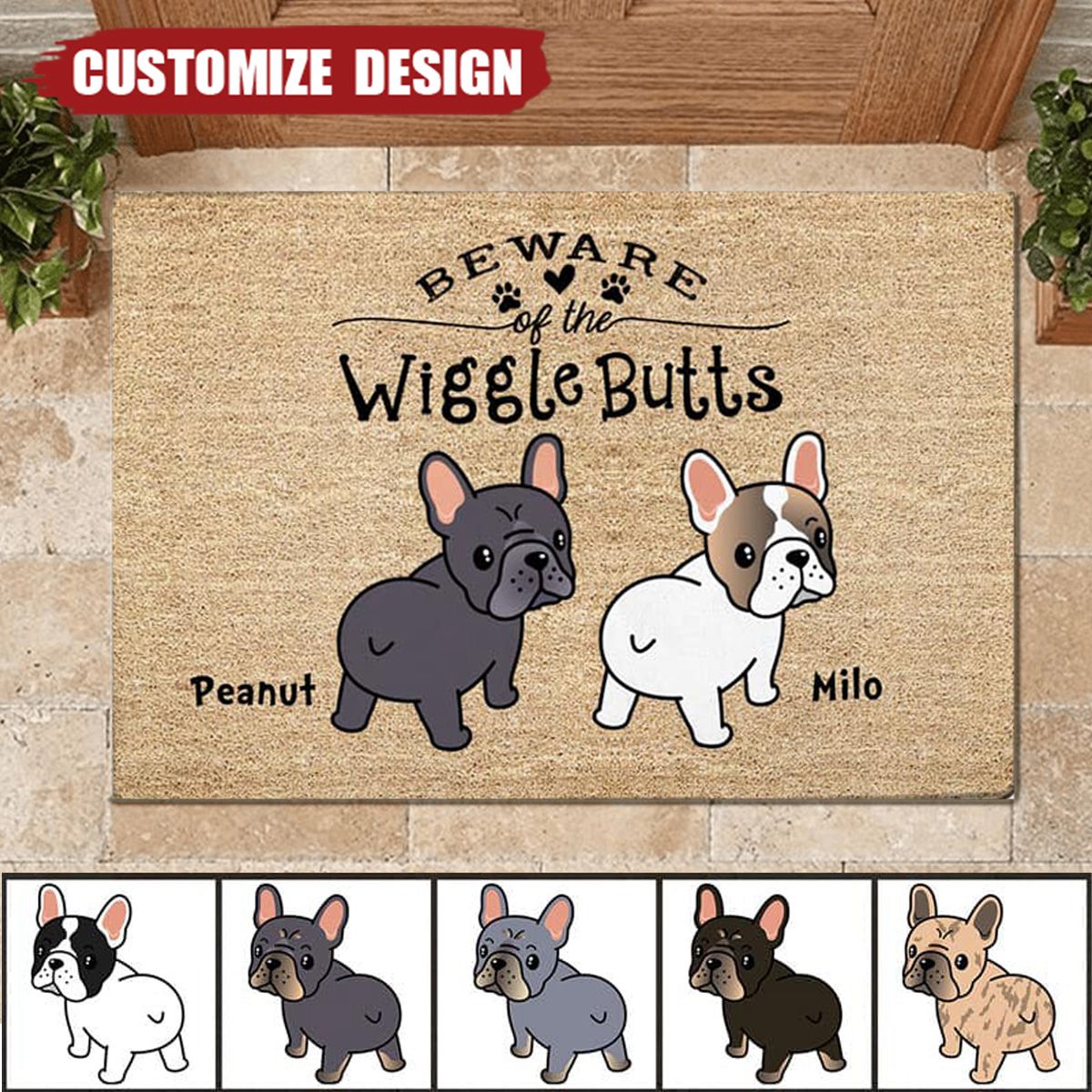 Frenchie Wiggle Butt Club Dog Personalized Doormat