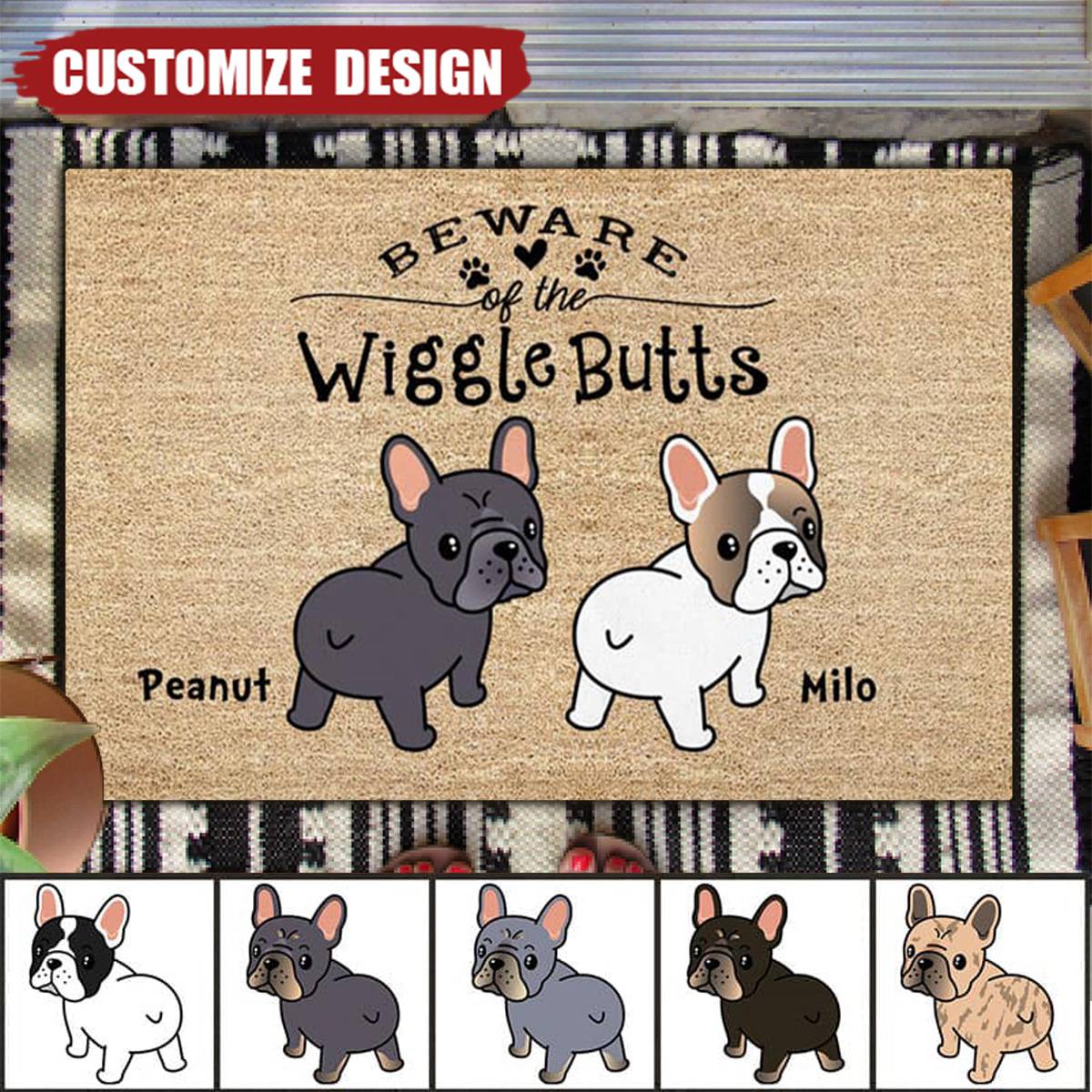 Frenchie Wiggle Butt Club Dog Personalized Doormat