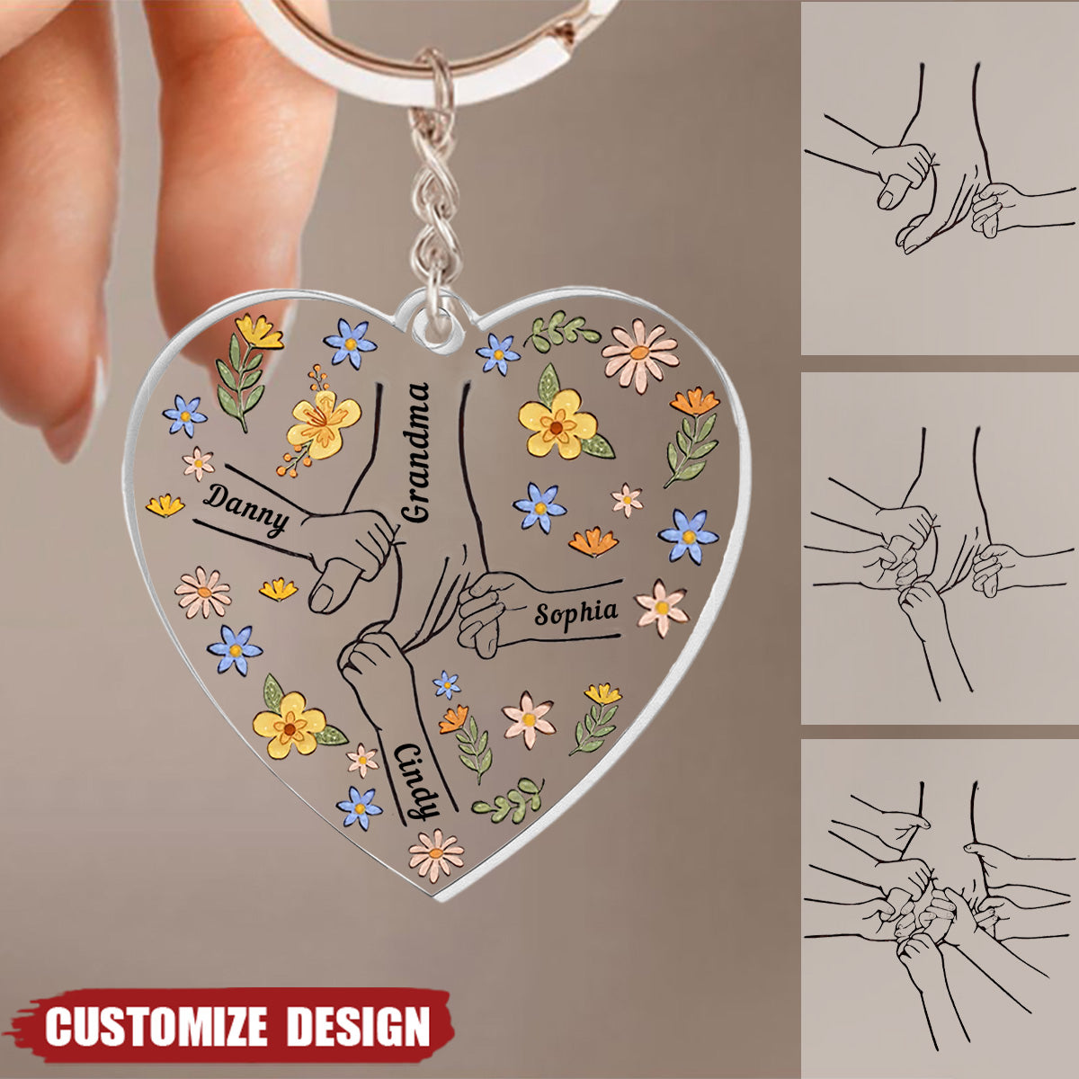 Floral Mom / Grandma Hand - Personalized Acrylic Keychain