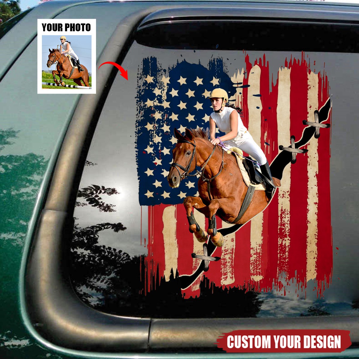 Personalized America horse flag printed decal - gift for horse lovers