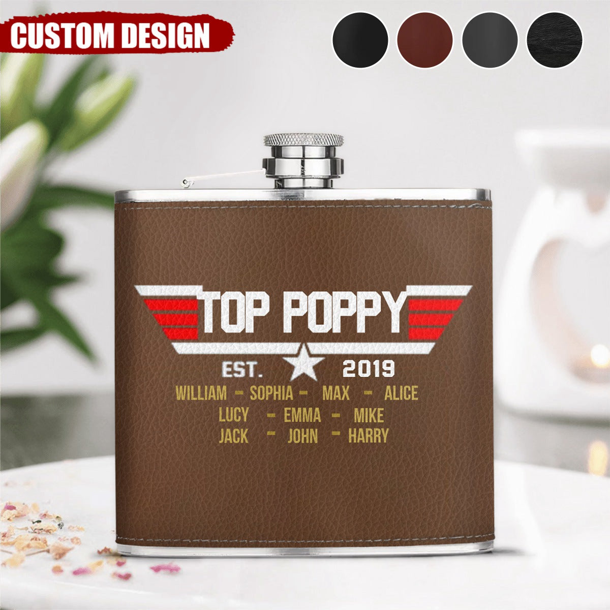 Personalized Papa Leather Flask - Upto 12 Children - Gift Idea for Dad/Grandpa