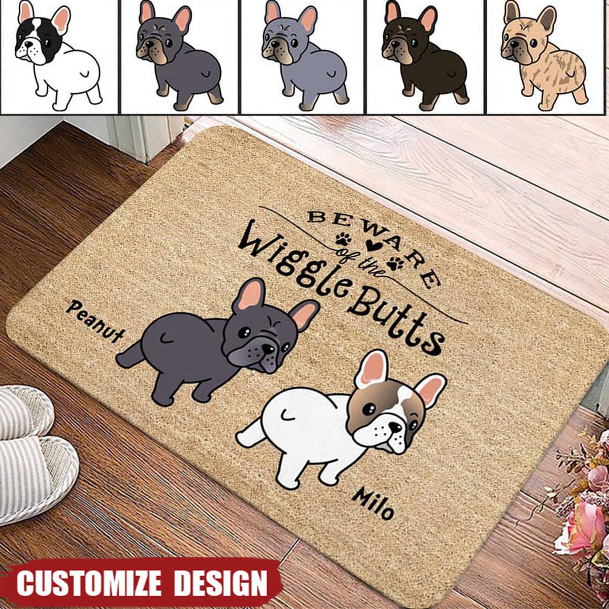 Frenchie Wiggle Butt Club Dog Personalized Doormat