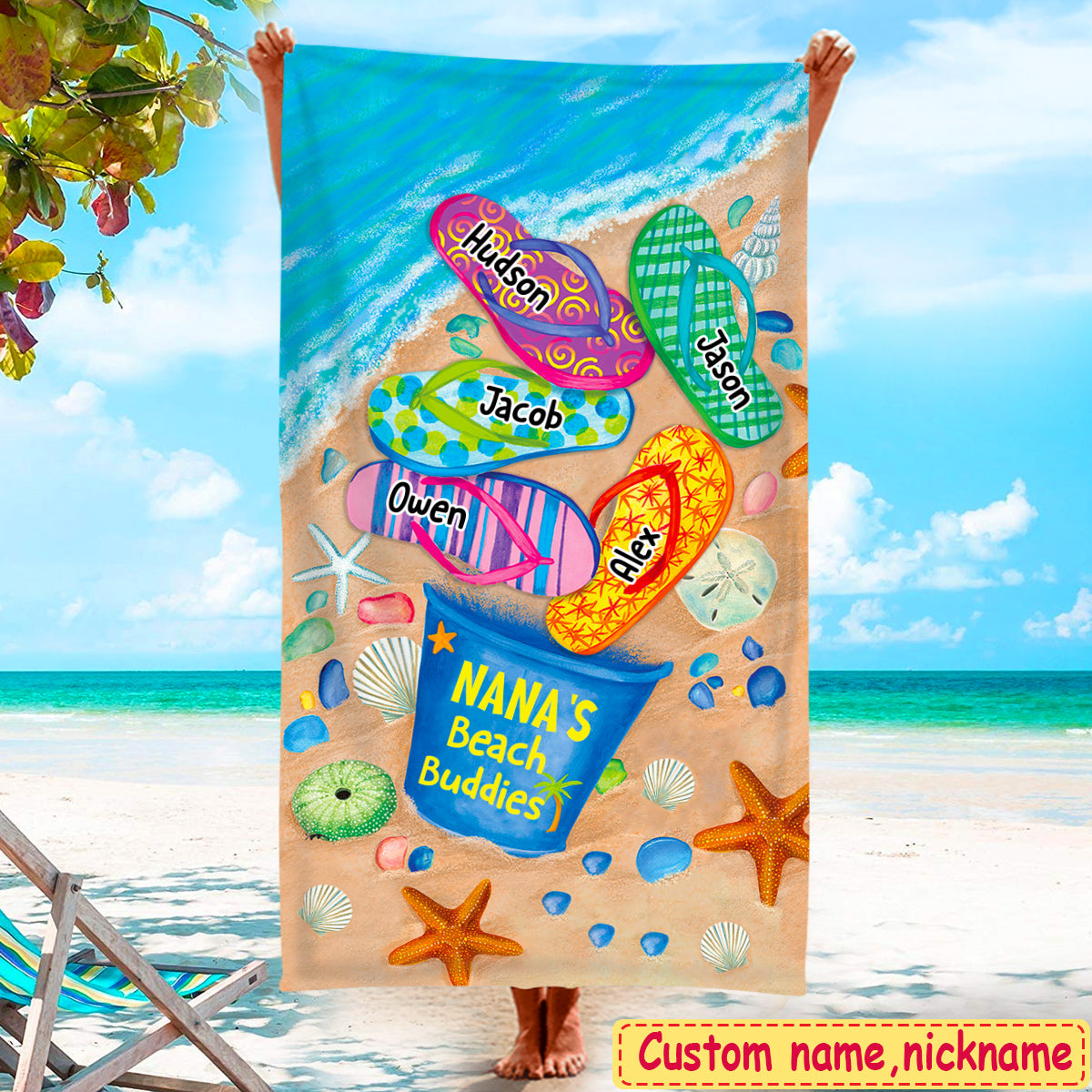 Nana's Beach Buddies Summer Flip Flop Personalized Beach Towel - Perfect Gift for Grandmas Moms Aunties
