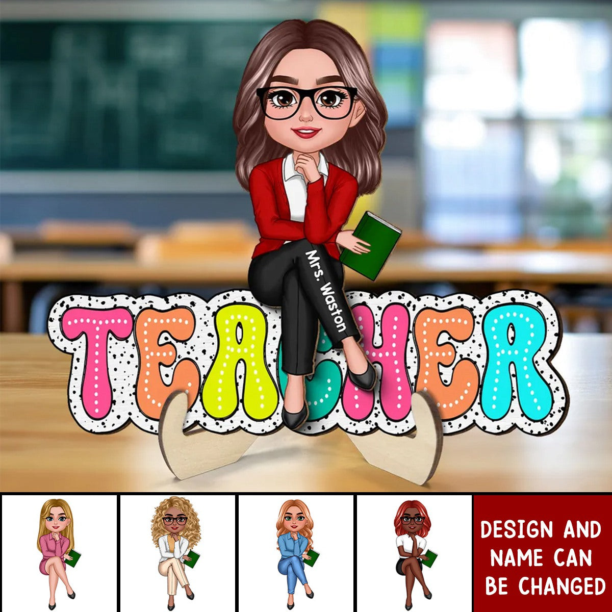 Doll Teacher Sitting On Text Dalmatian Dot Personalized 2-Layer Wooden Plaque, Back To School Gift