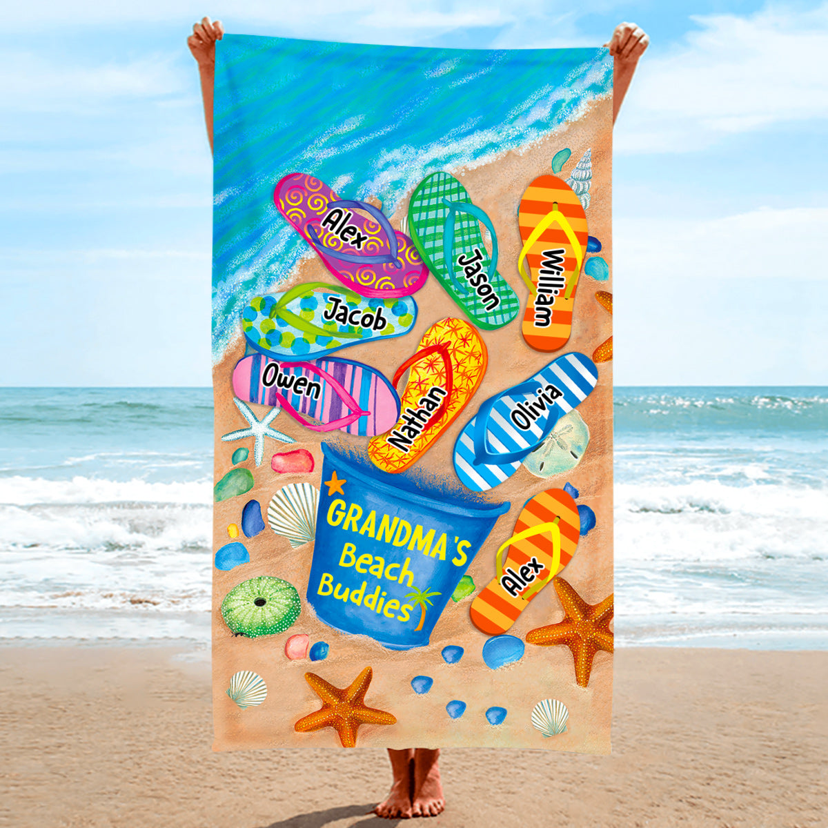 Nana's Beach Buddies Summer Flip Flop Personalized Beach Towel - Perfect Gift for Grandmas Moms Aunties